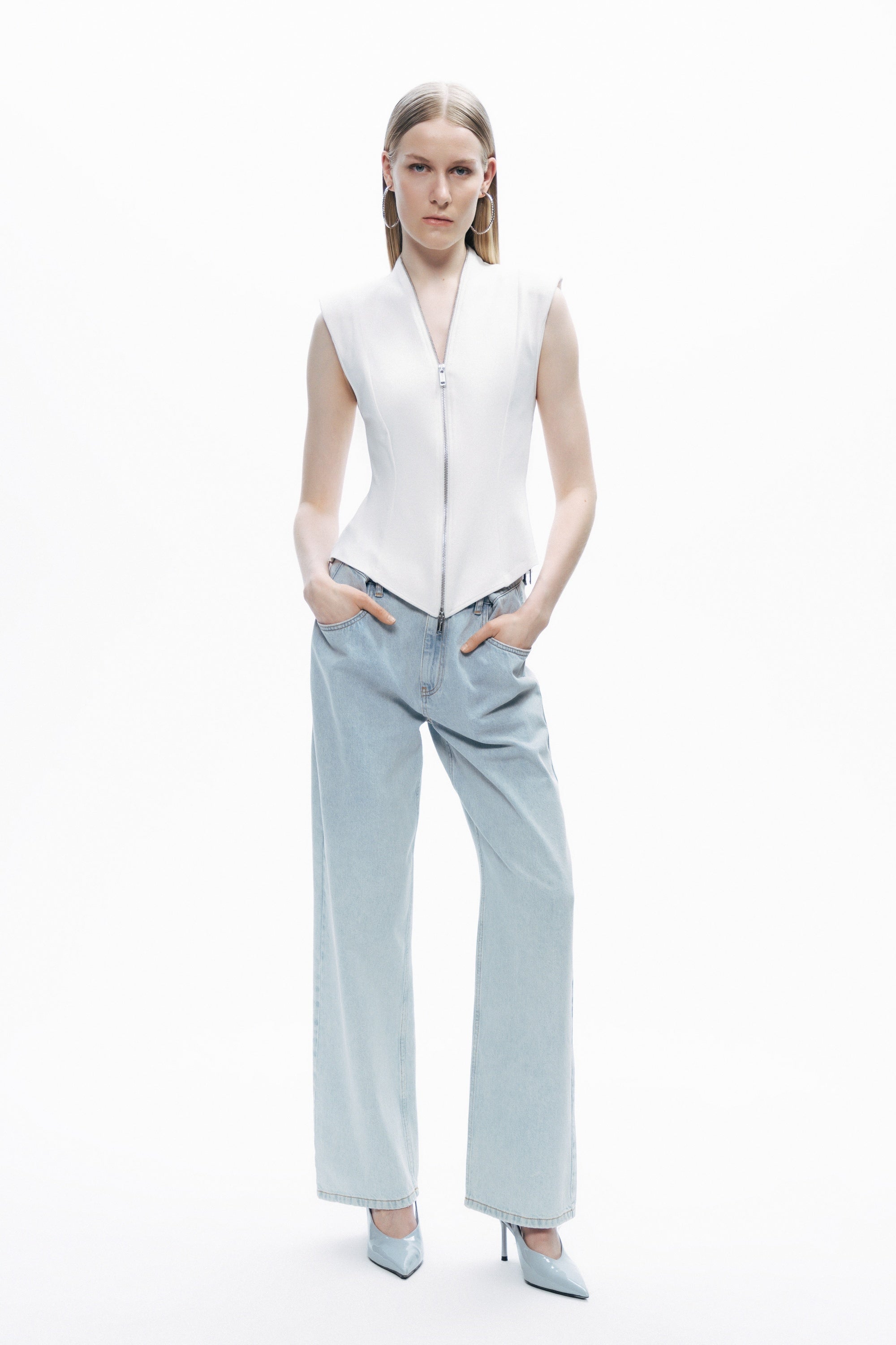 Ecru Zipper Design Woven Blouse