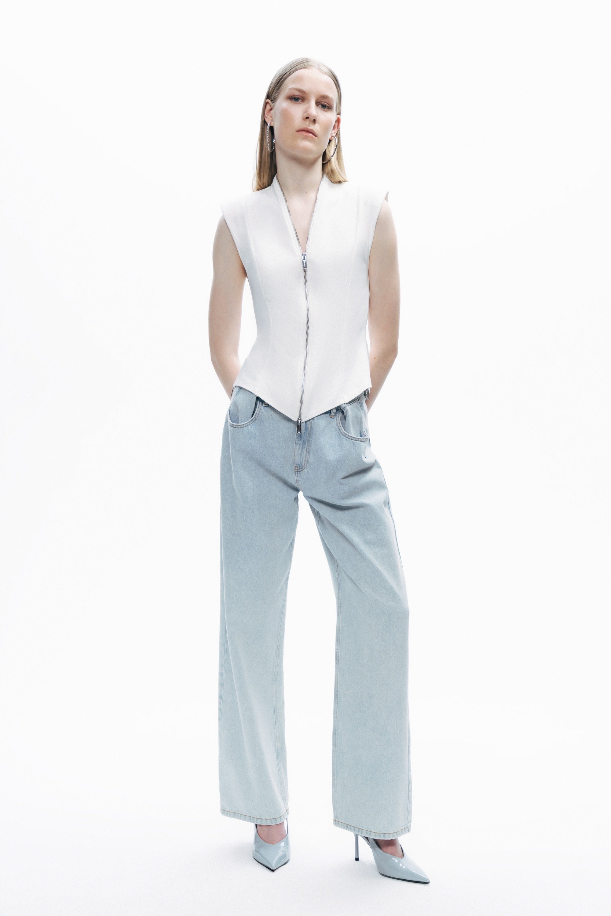 Ecru Zipper Design Woven Blouse