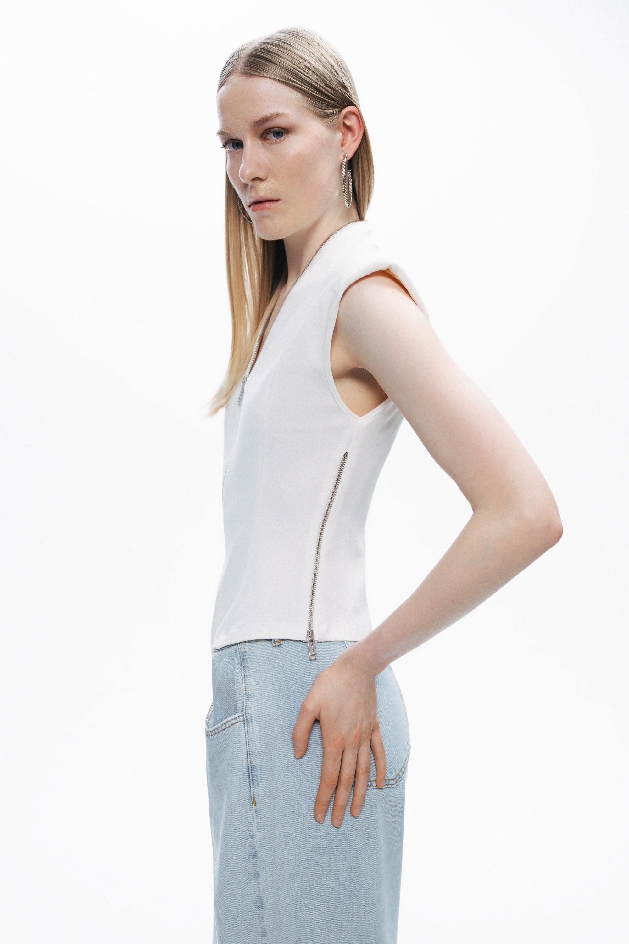 Ecru Zipper Design Woven Blouse