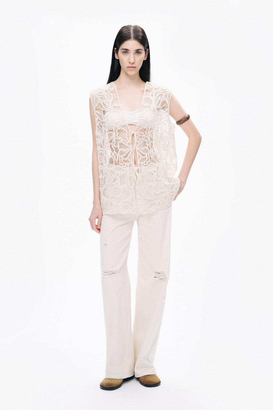 Ecru Floral Embroidered Detailed Vest