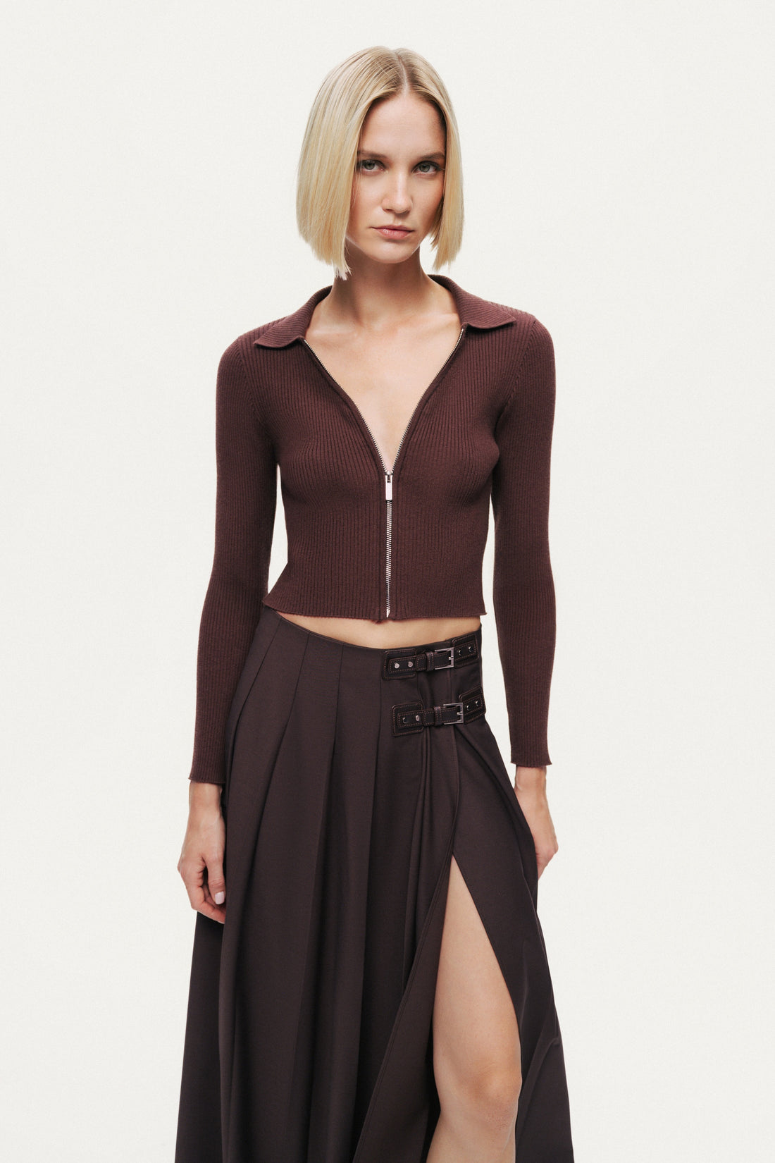 Zip-Front Ribbed Knit Top