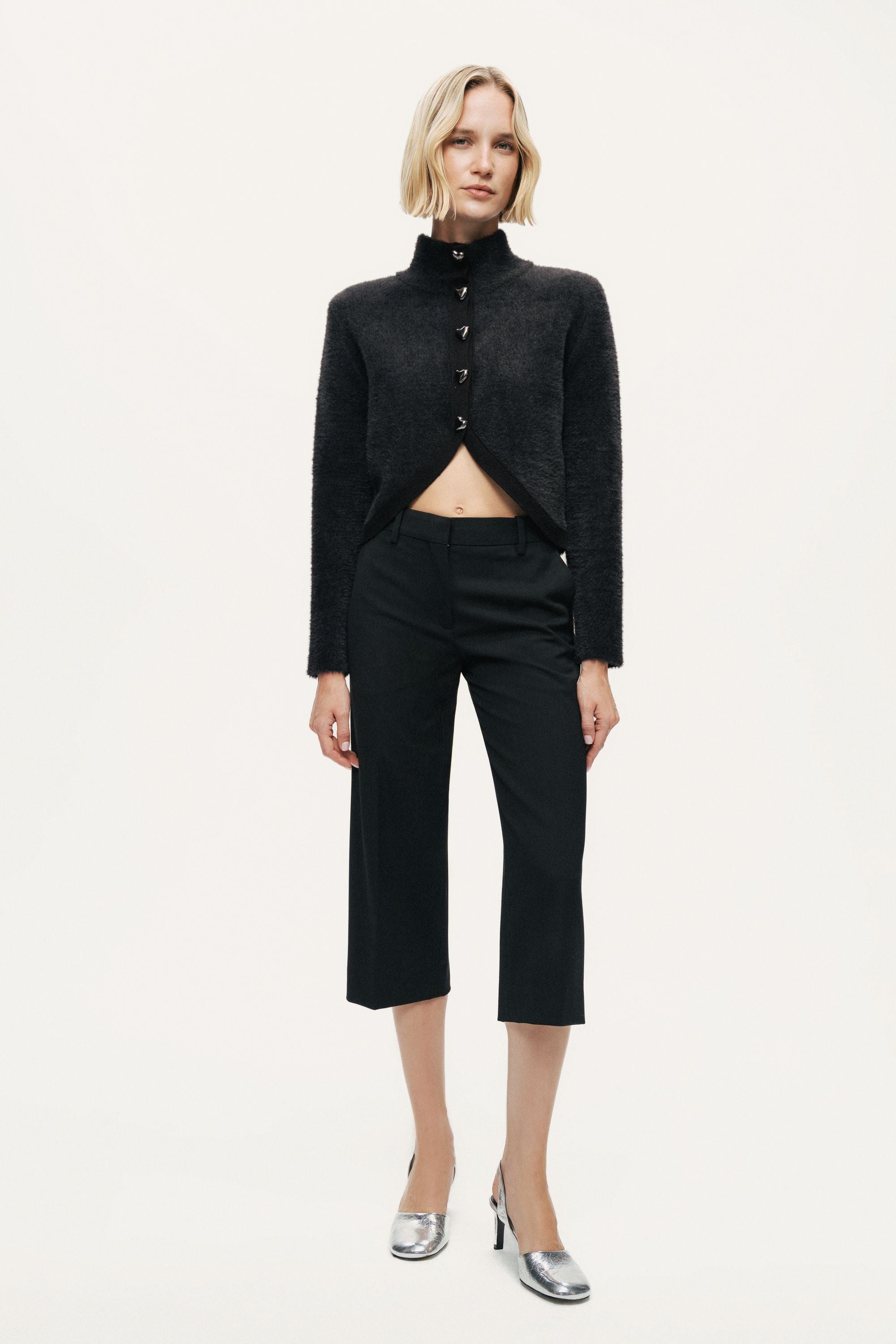 Heart-Button Cutaway Mock-Neck Cardigan