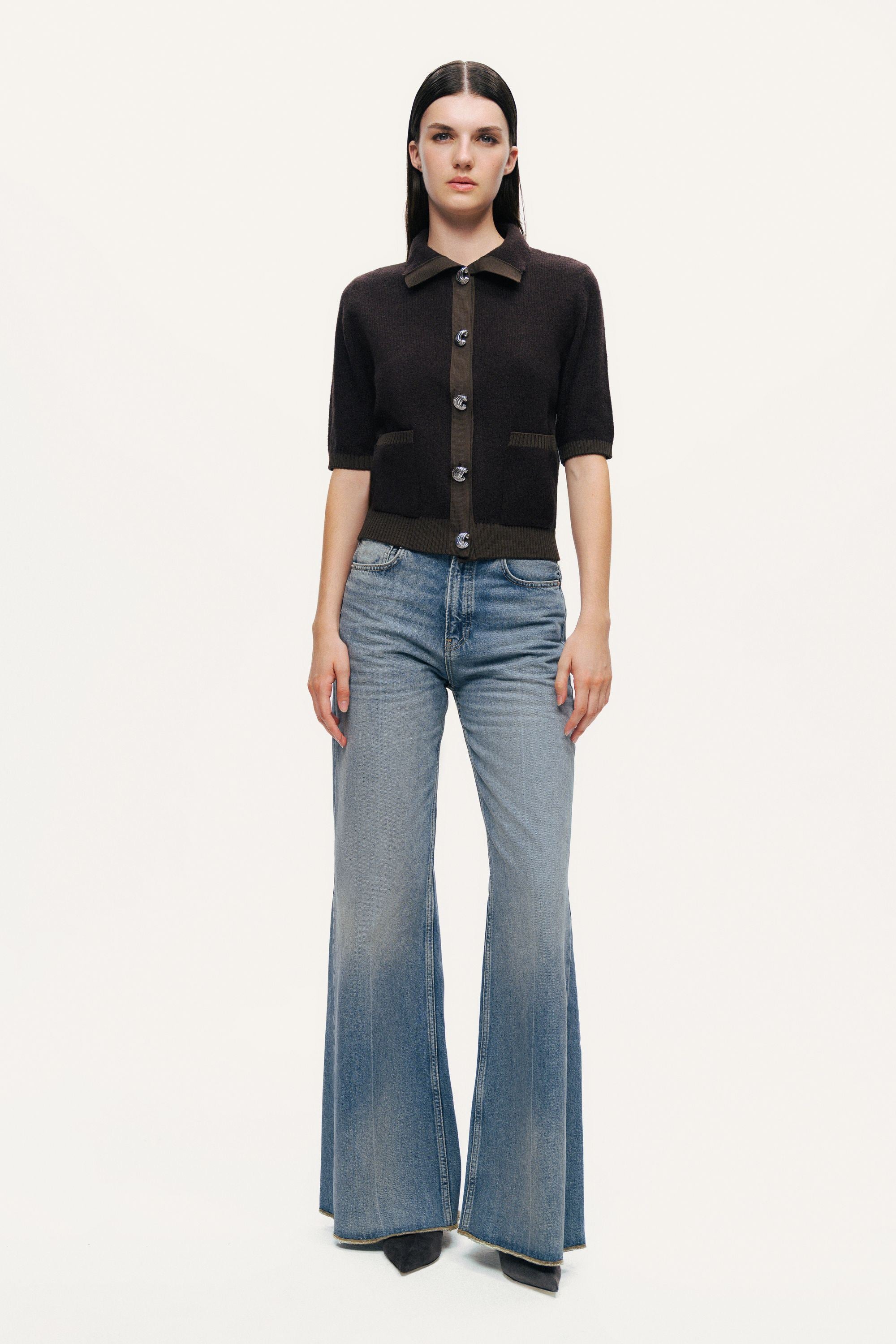 Contrast-Trim Short-Sleeve Cardigan