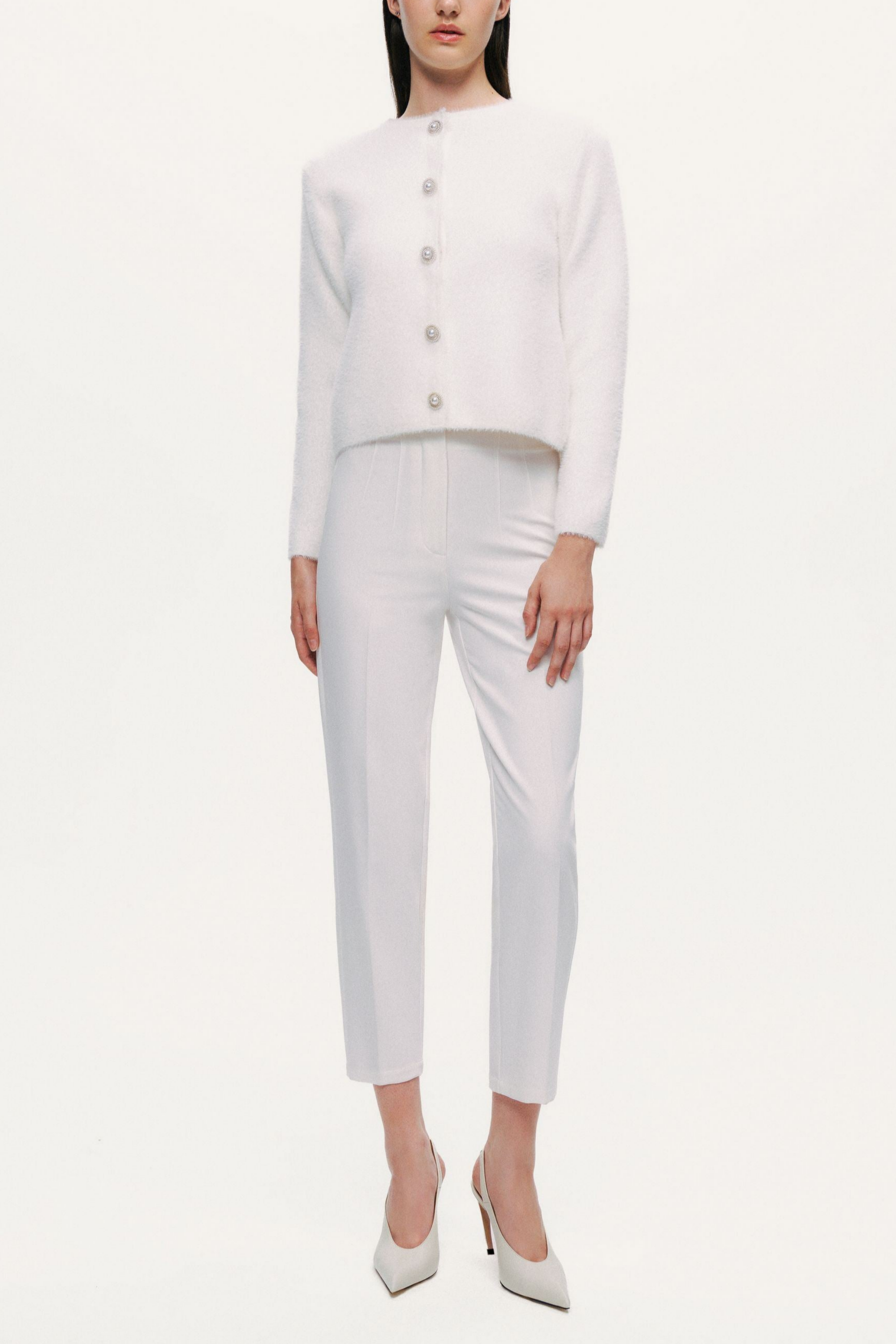 Cropped Pearl-Button Crewneck Cardigan
