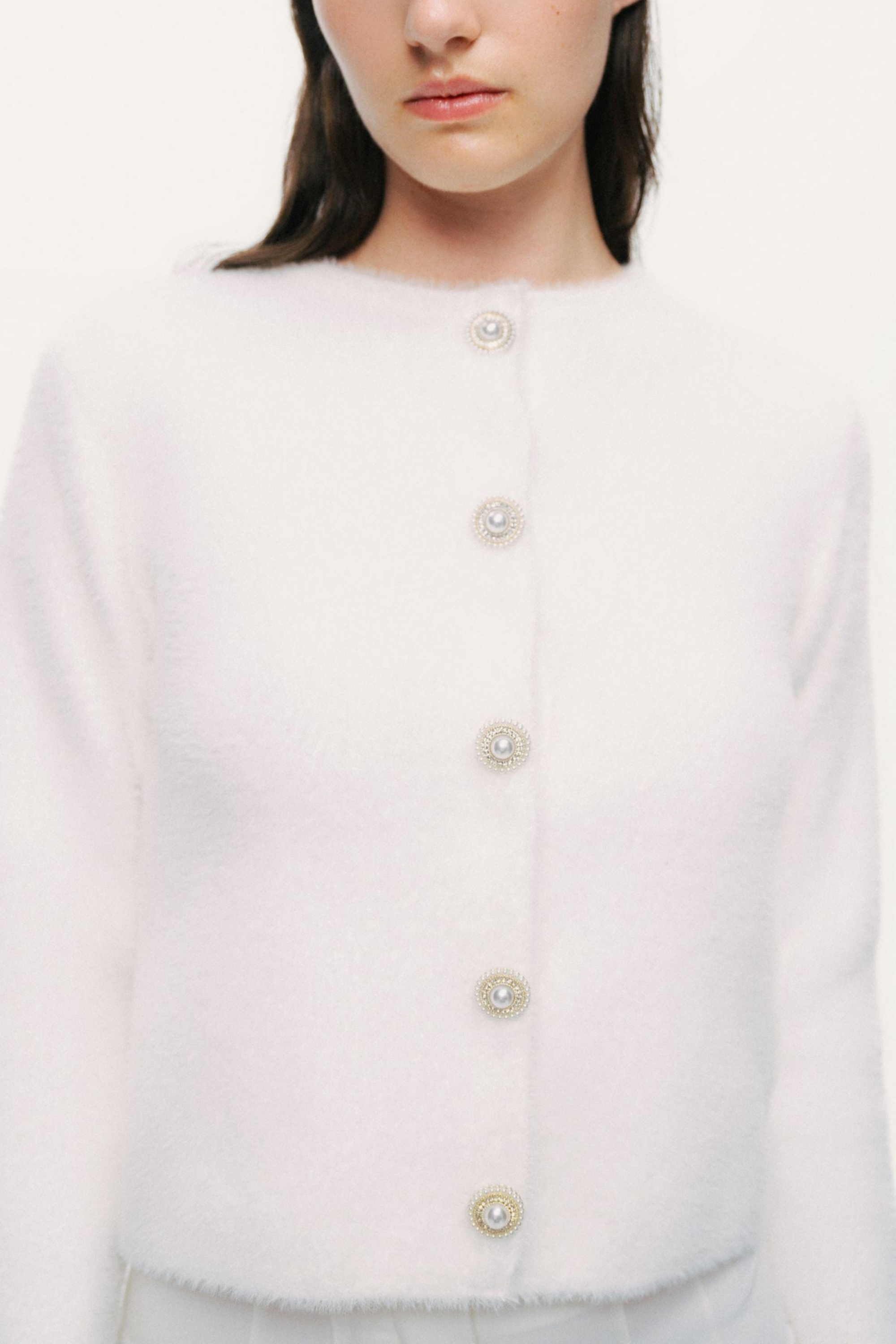 Cropped Pearl-Button Crewneck Cardigan