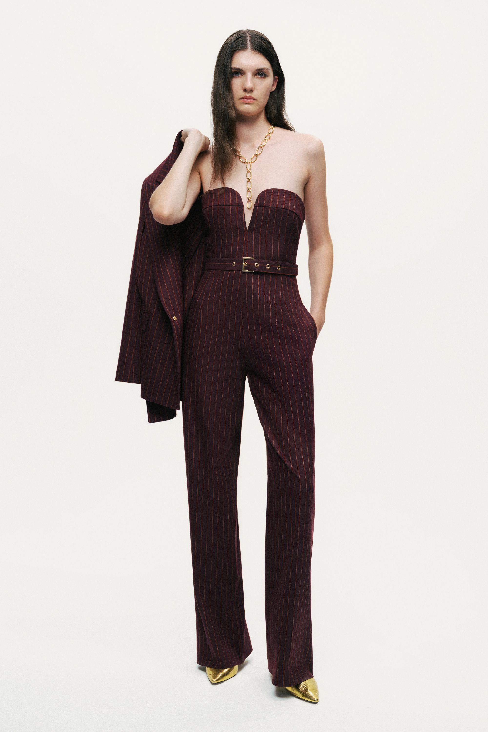 Strapless Pinstripe Belted Jumpsuit