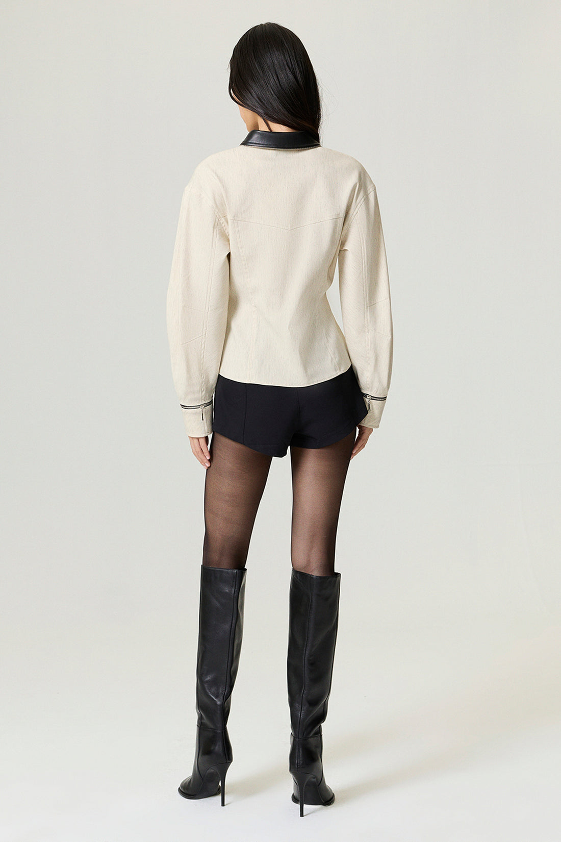 Contrast Collar Balloon-Sleeve Shirt