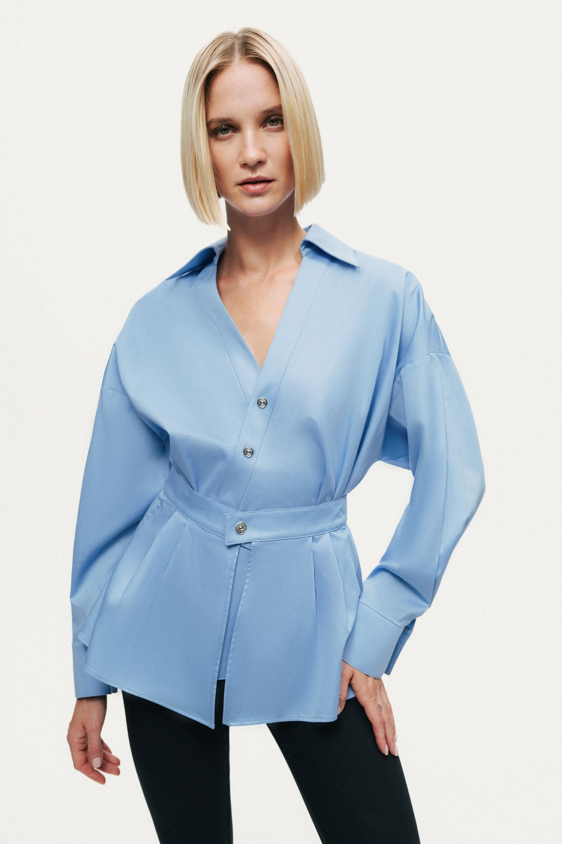 Belted V-Neck Poplin Shirt