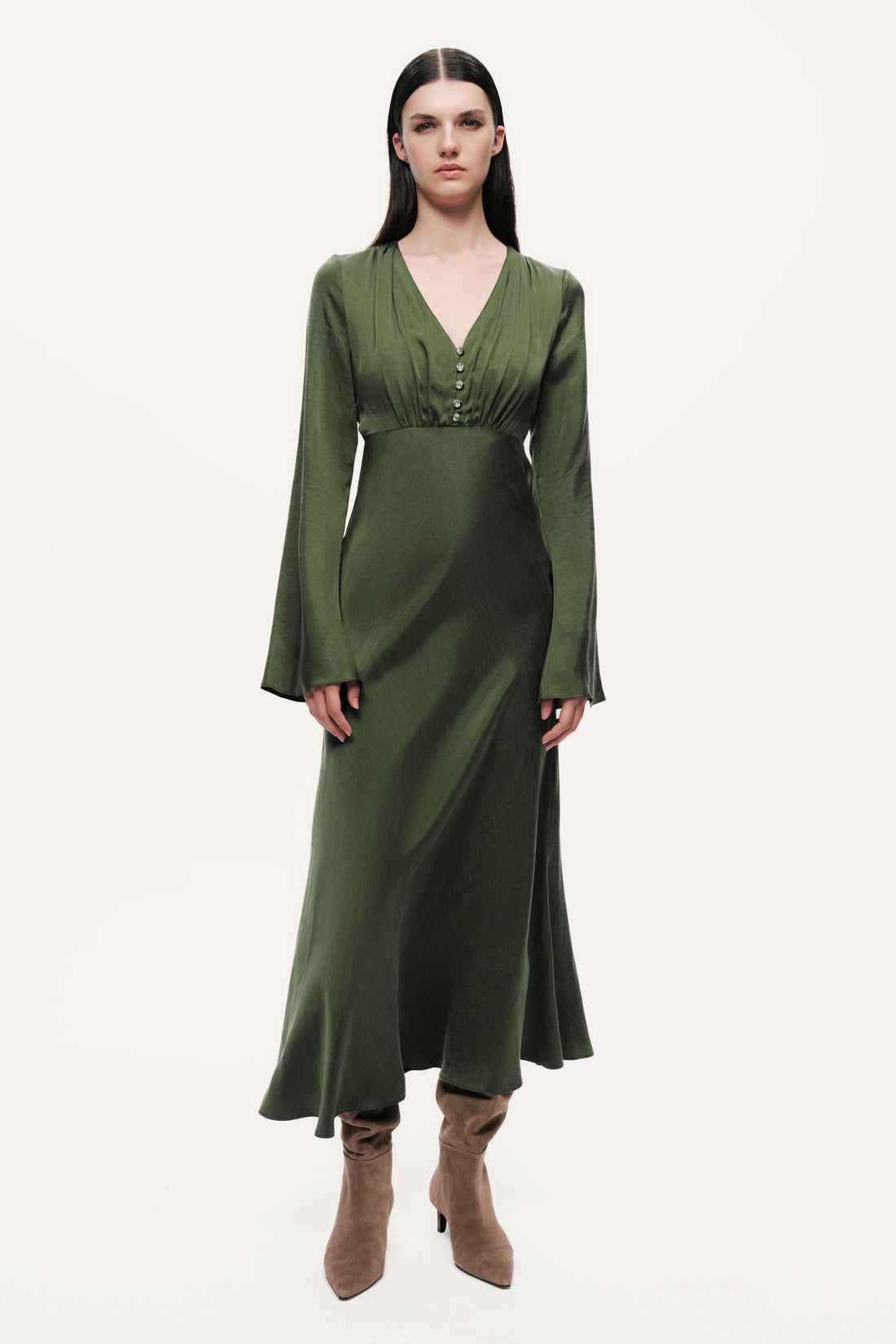 Crystal-Button V-Neck Maxi Dress