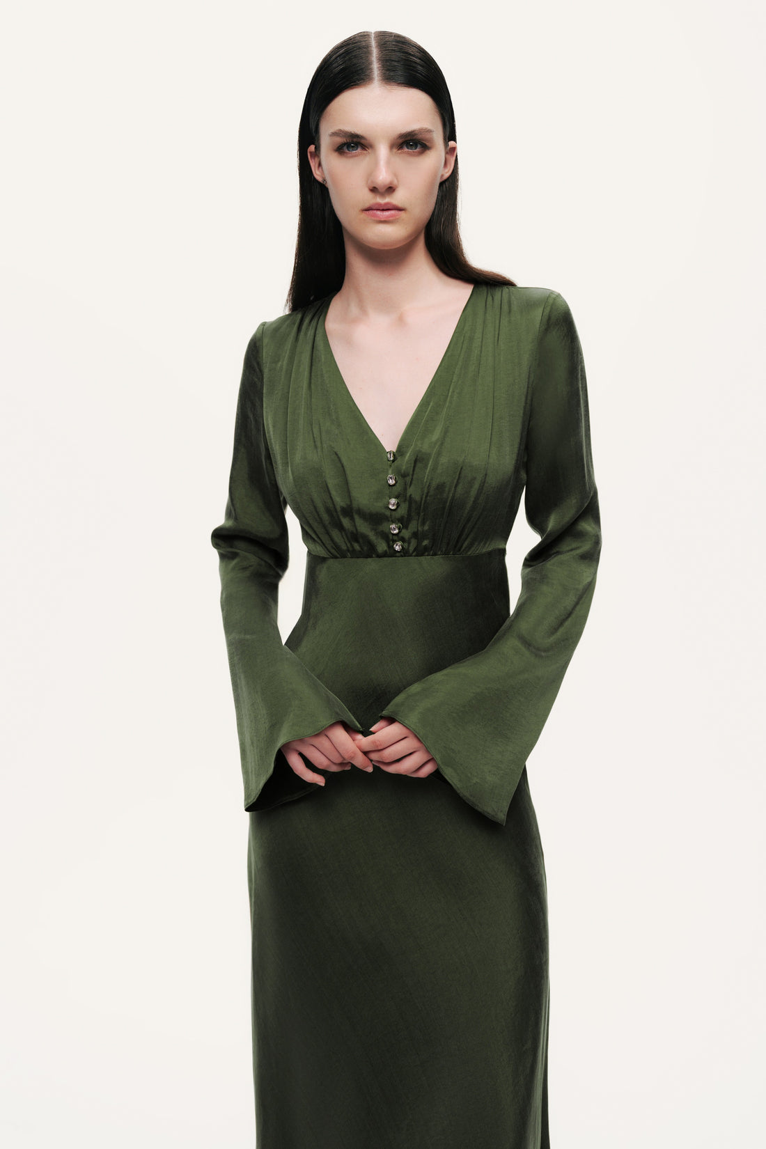 Crystal-Button V-Neck Maxi Dress