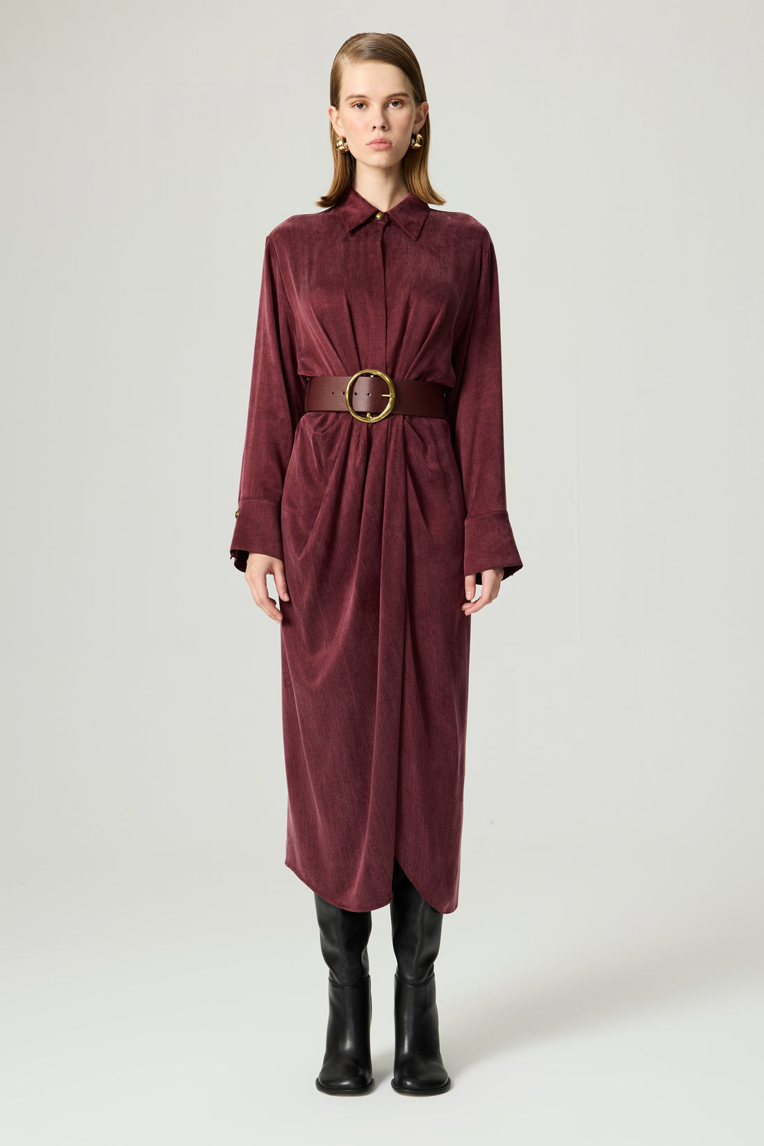 Belted Draped Shirt-Collar Maxi Dress