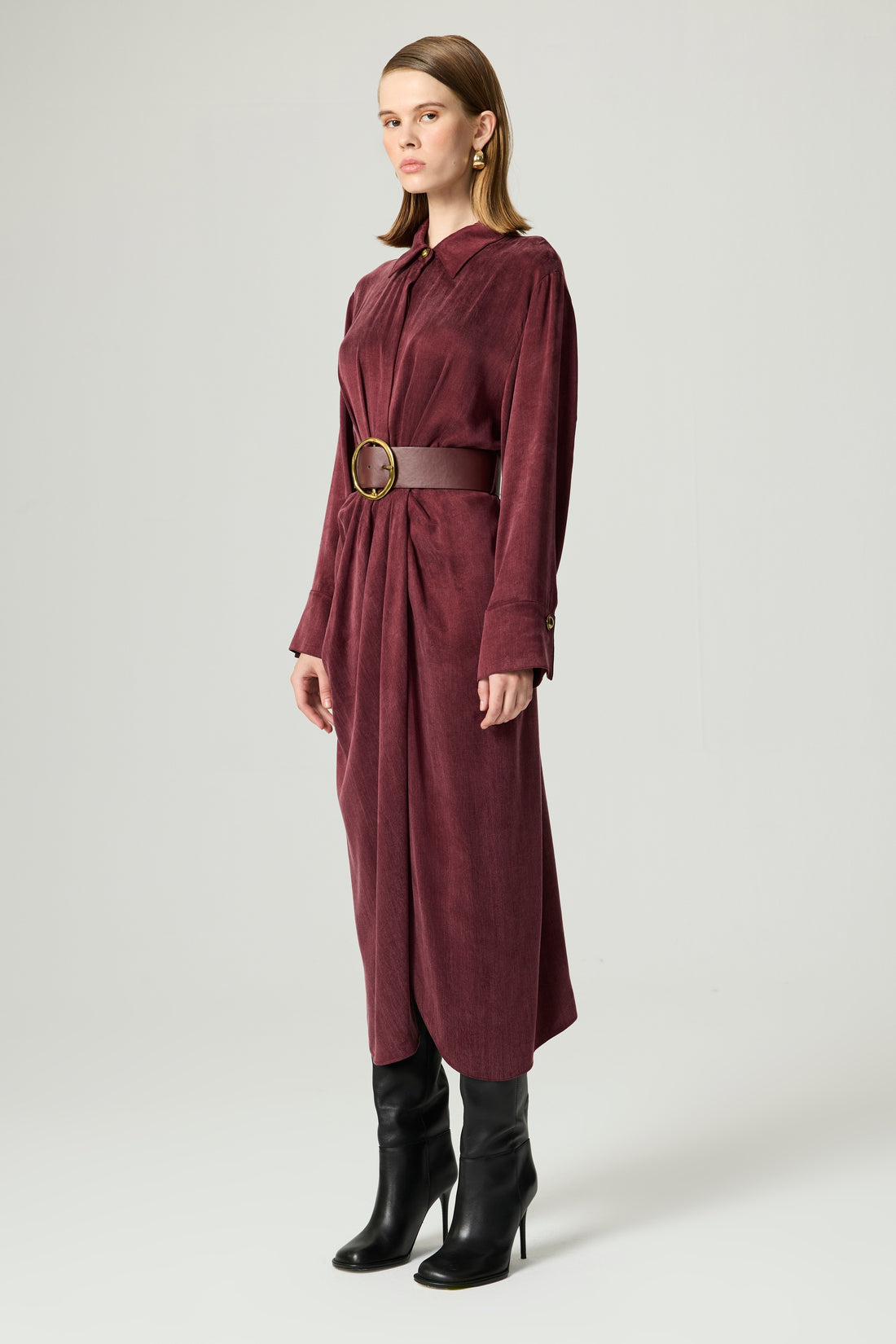 Belted Draped Shirt-Collar Maxi Dress