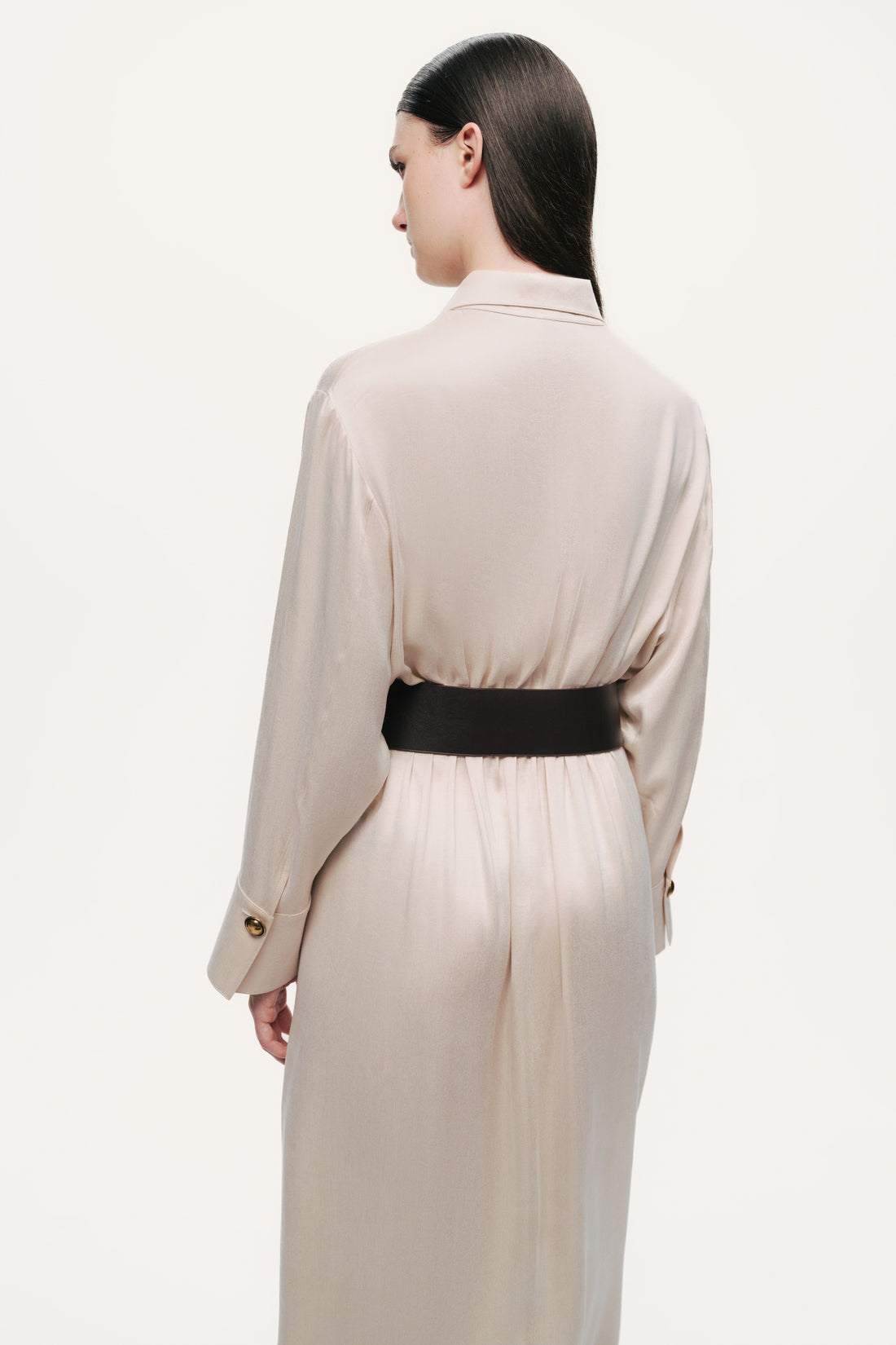 Belted Draped Shirt-Collar Maxi Dress