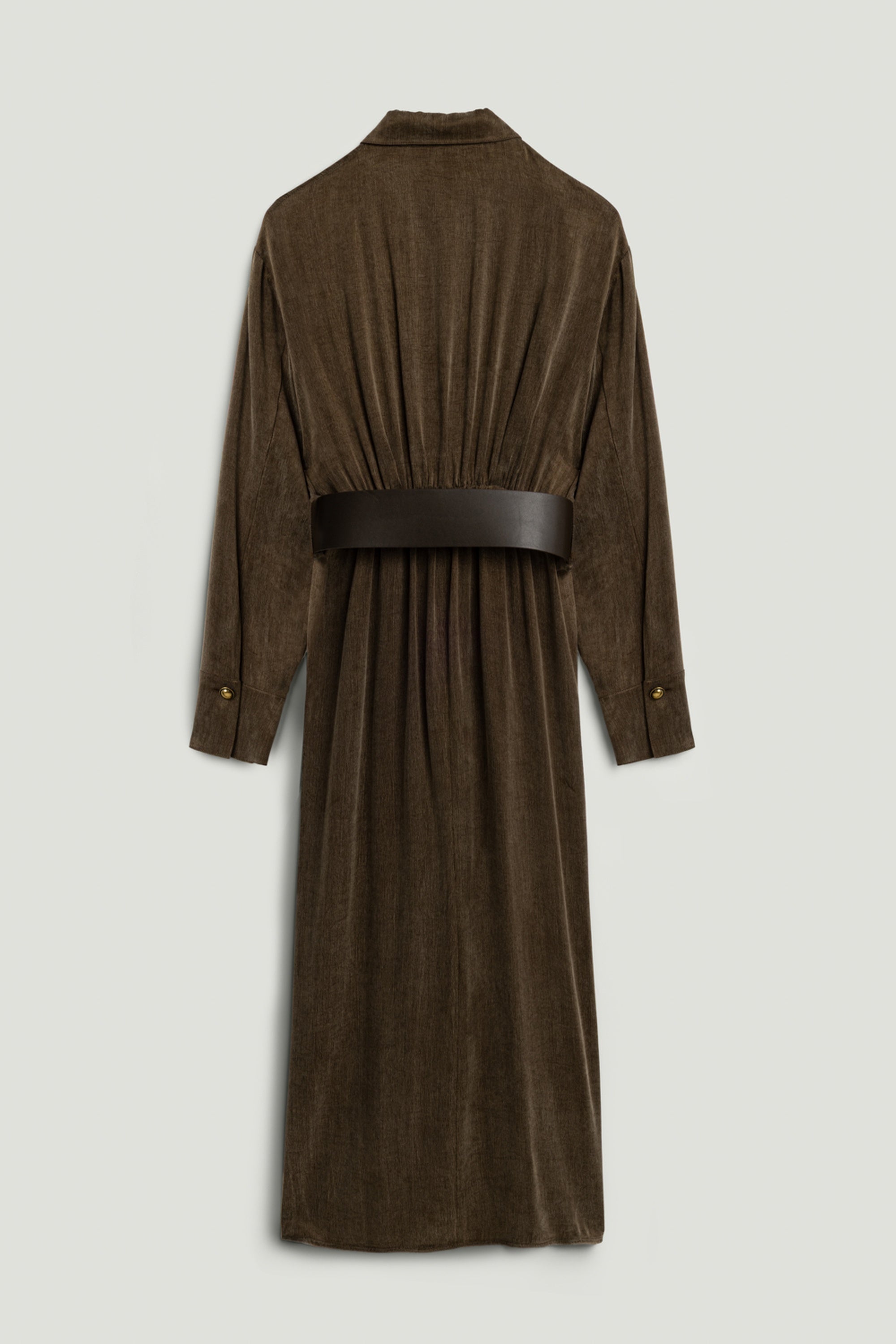 Belted Draped Shirt-Collar Maxi Dress