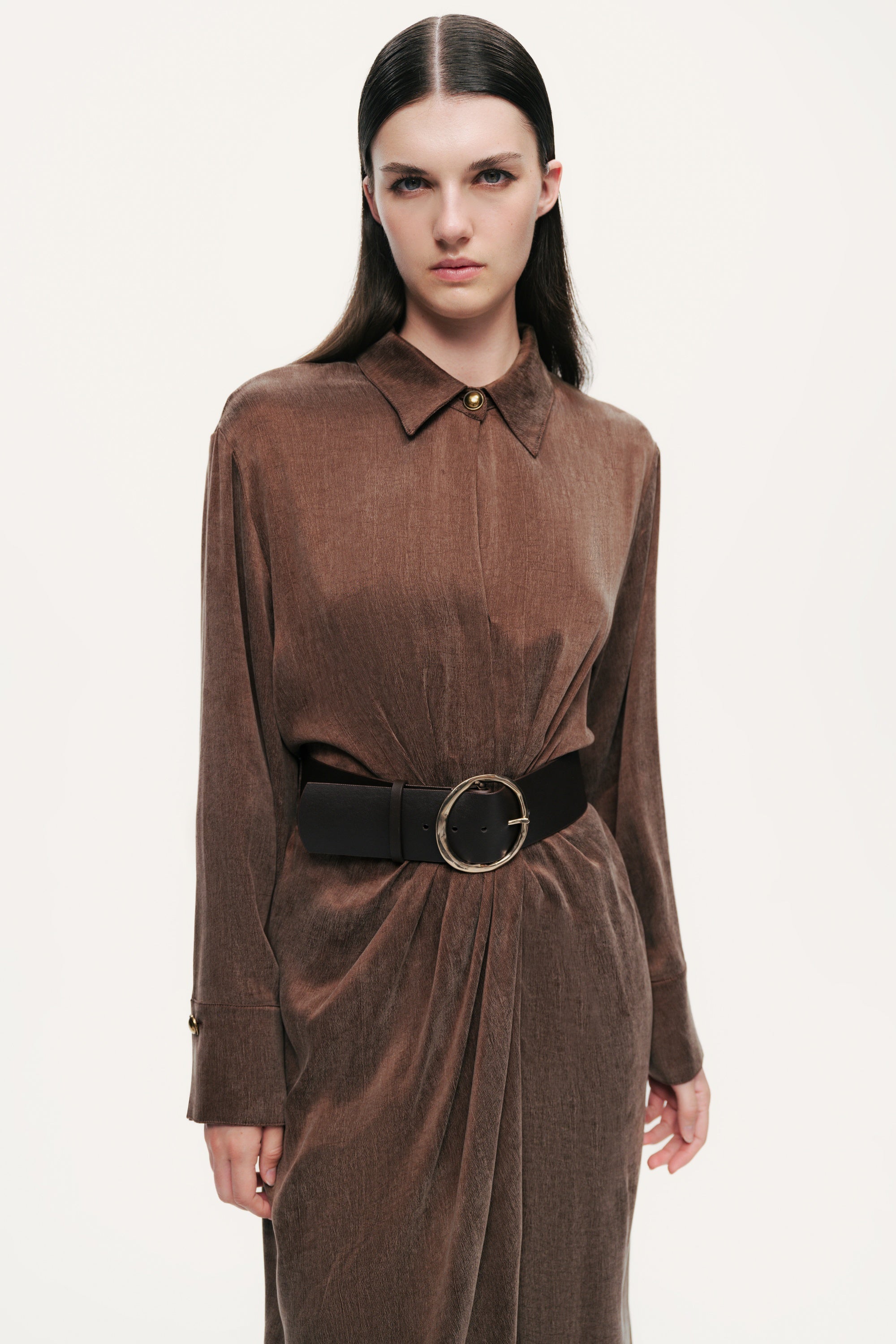 Belted Draped Shirt-Collar Maxi Dress