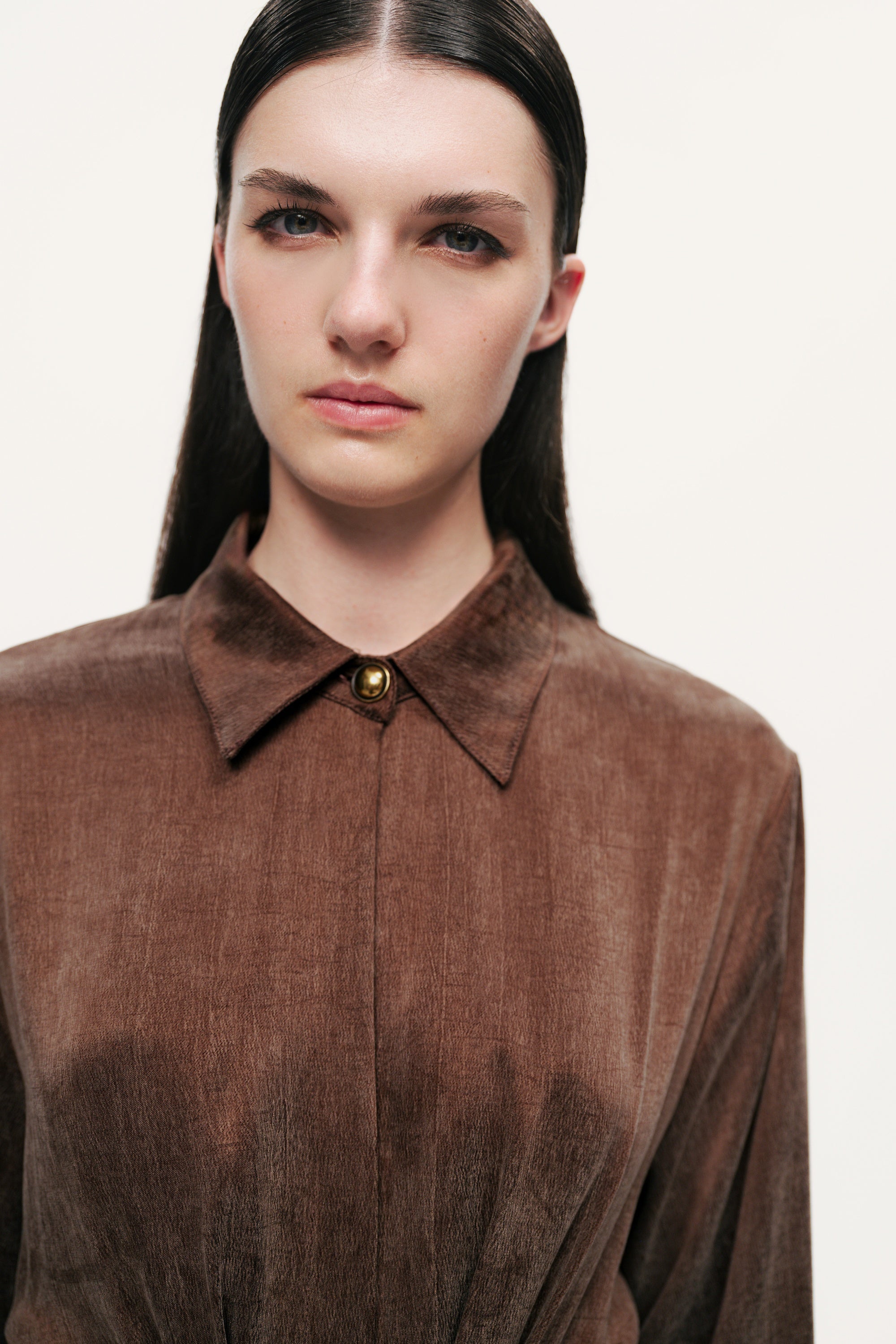 Belted Draped Shirt-Collar Maxi Dress