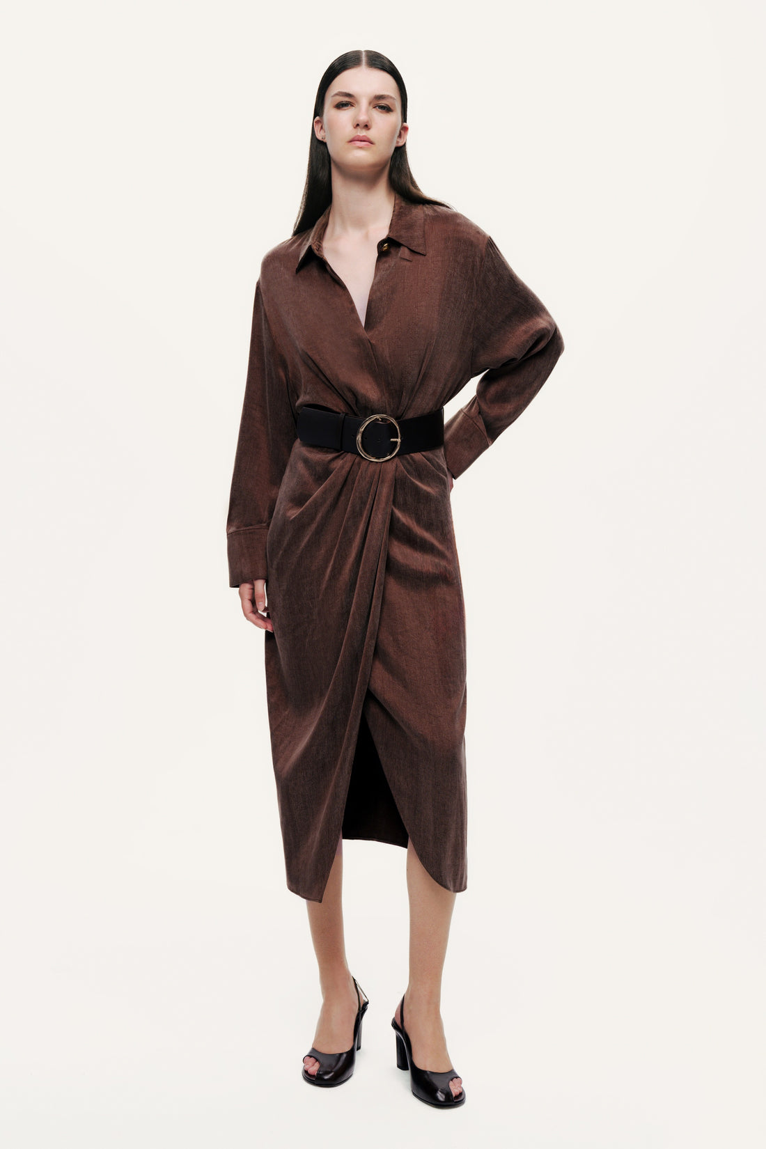 Belted Draped Shirt-Collar Maxi Dress