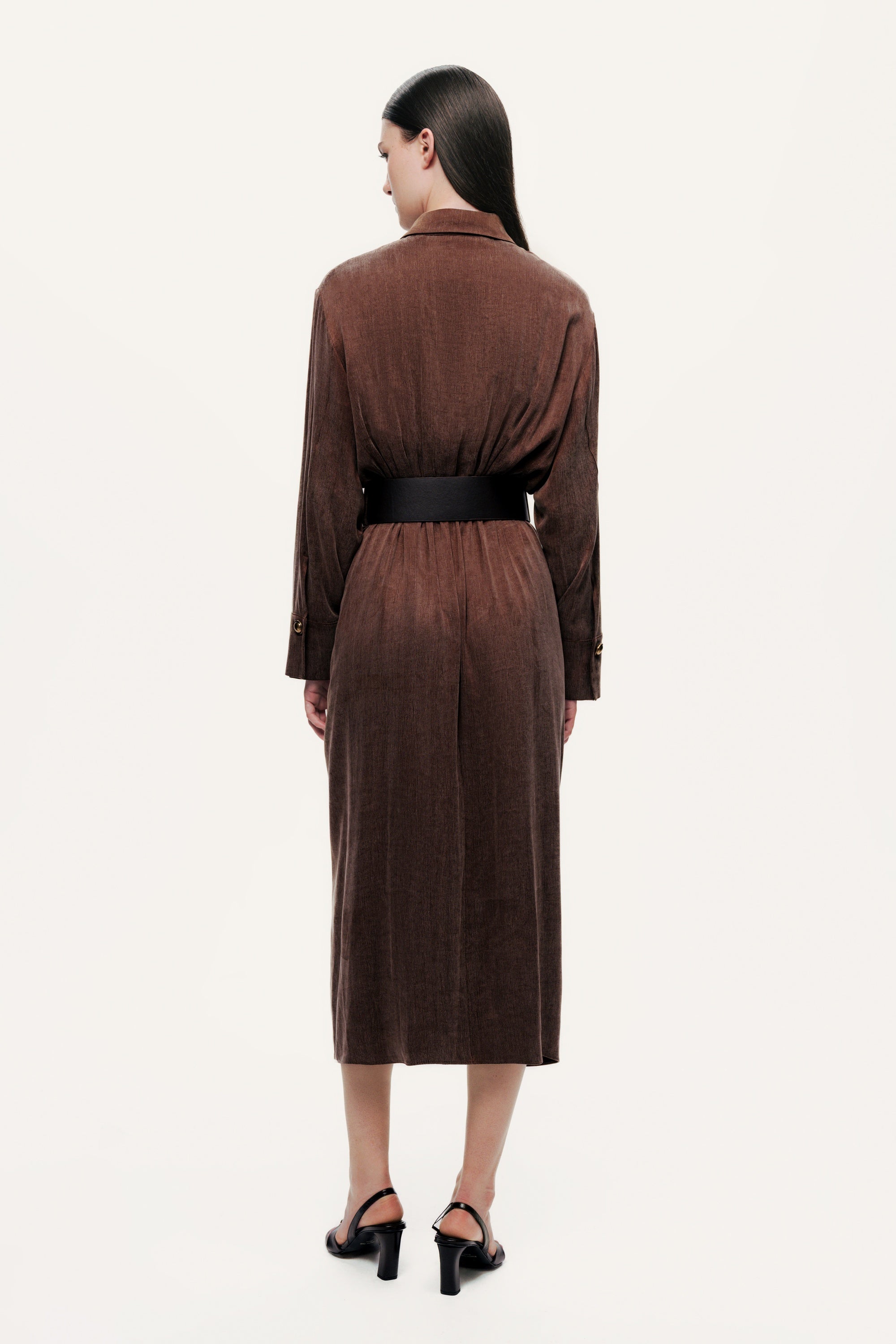 Belted Draped Shirt-Collar Maxi Dress