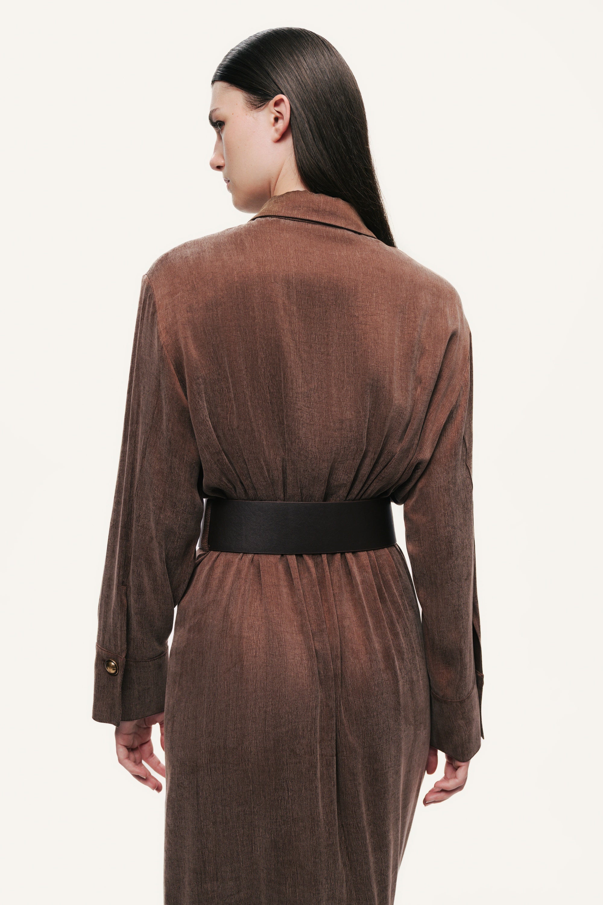 Belted Draped Shirt-Collar Maxi Dress