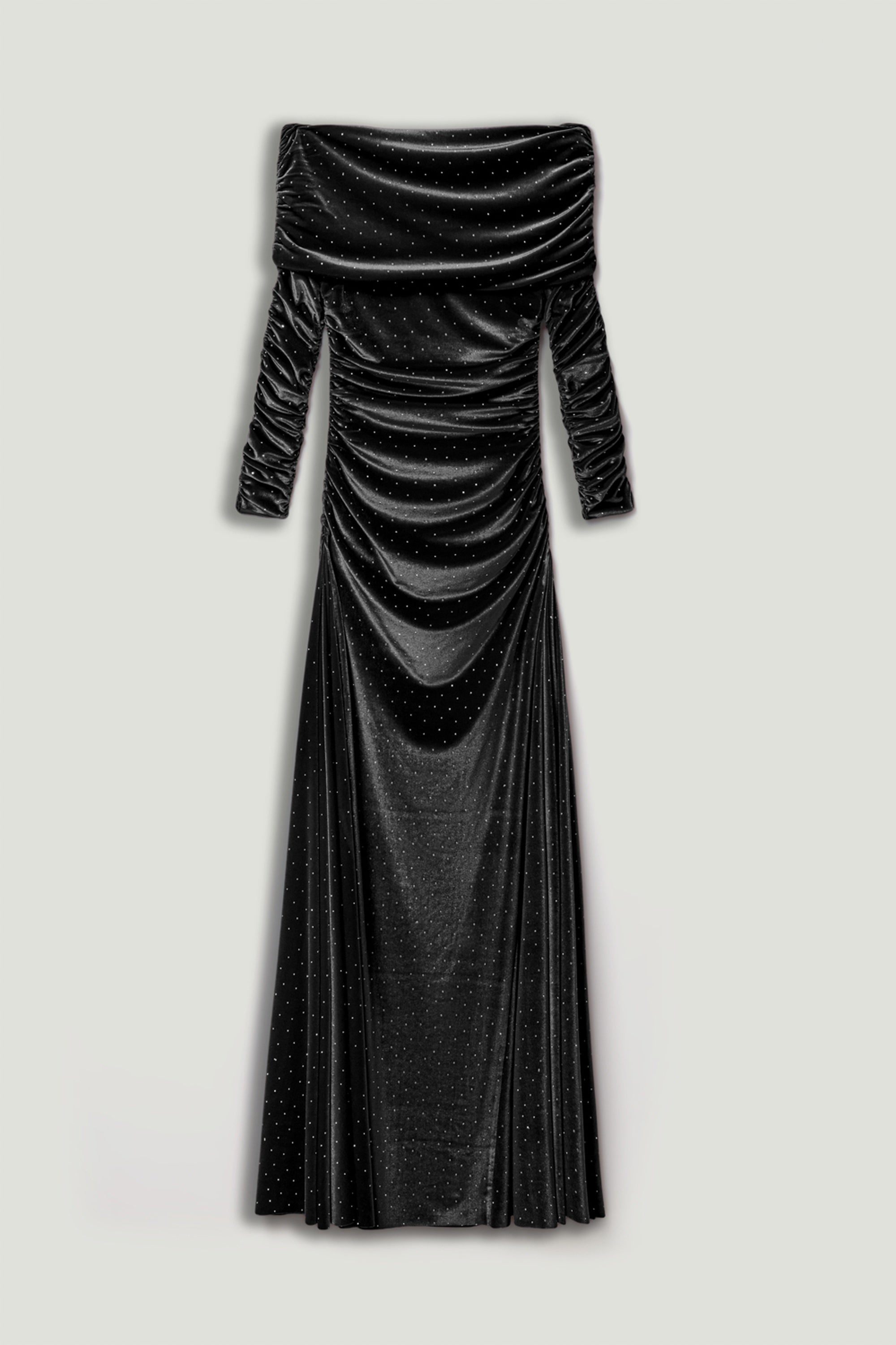 Off-Shoulder Velvet Maxi Dress with Rhinestone Detail