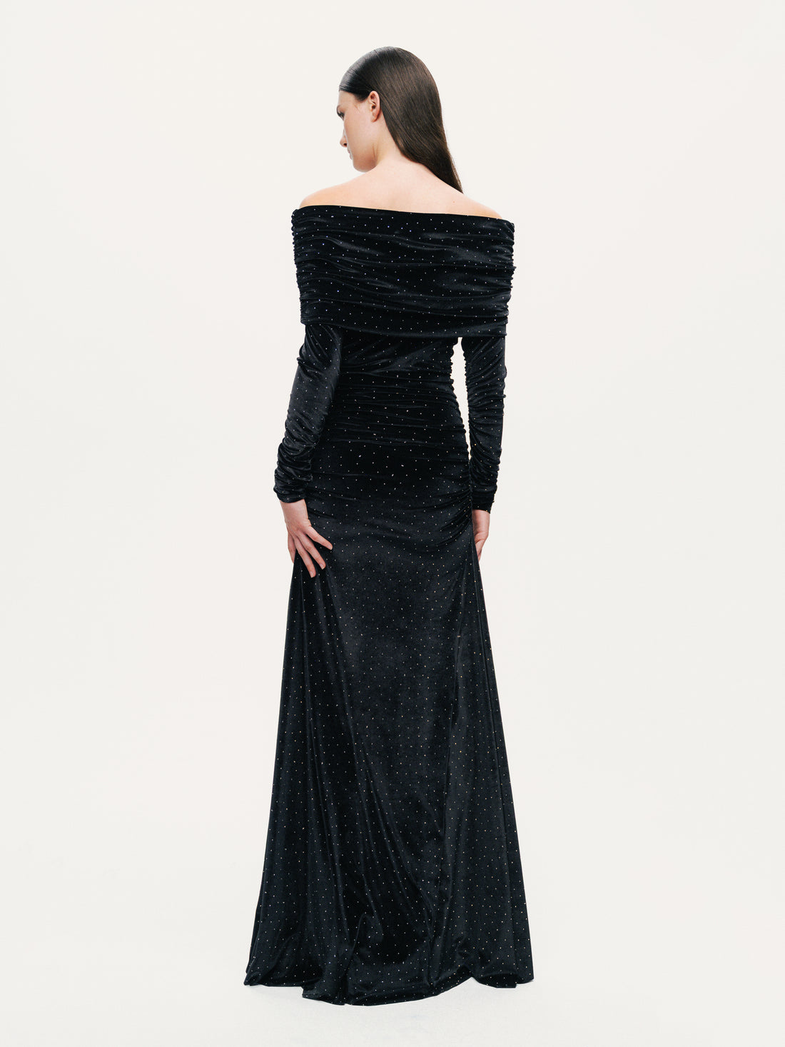 Off-Shoulder Velvet Maxi Dress with Rhinestone Detail