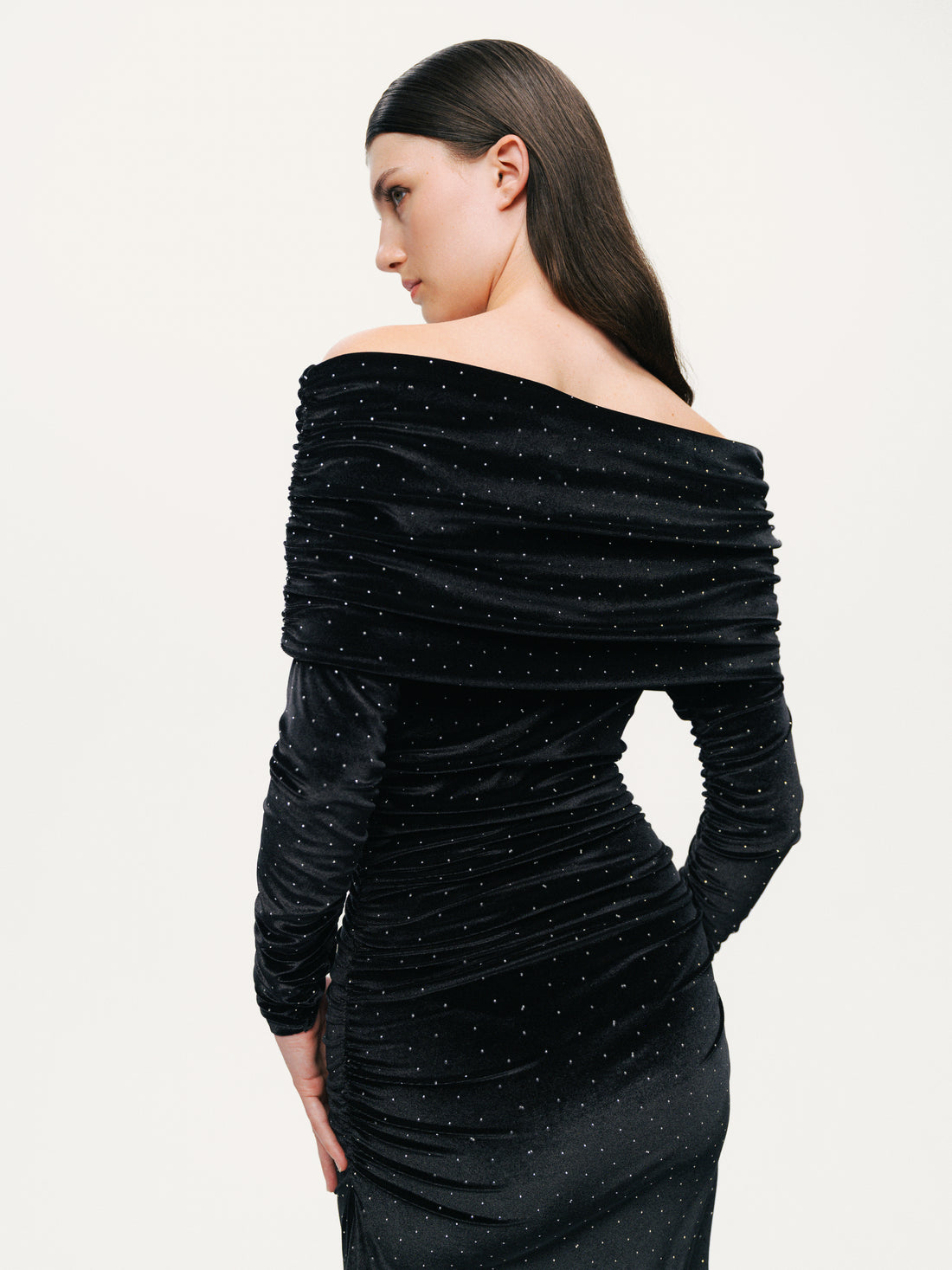 Off-Shoulder Velvet Maxi Dress with Rhinestone Detail