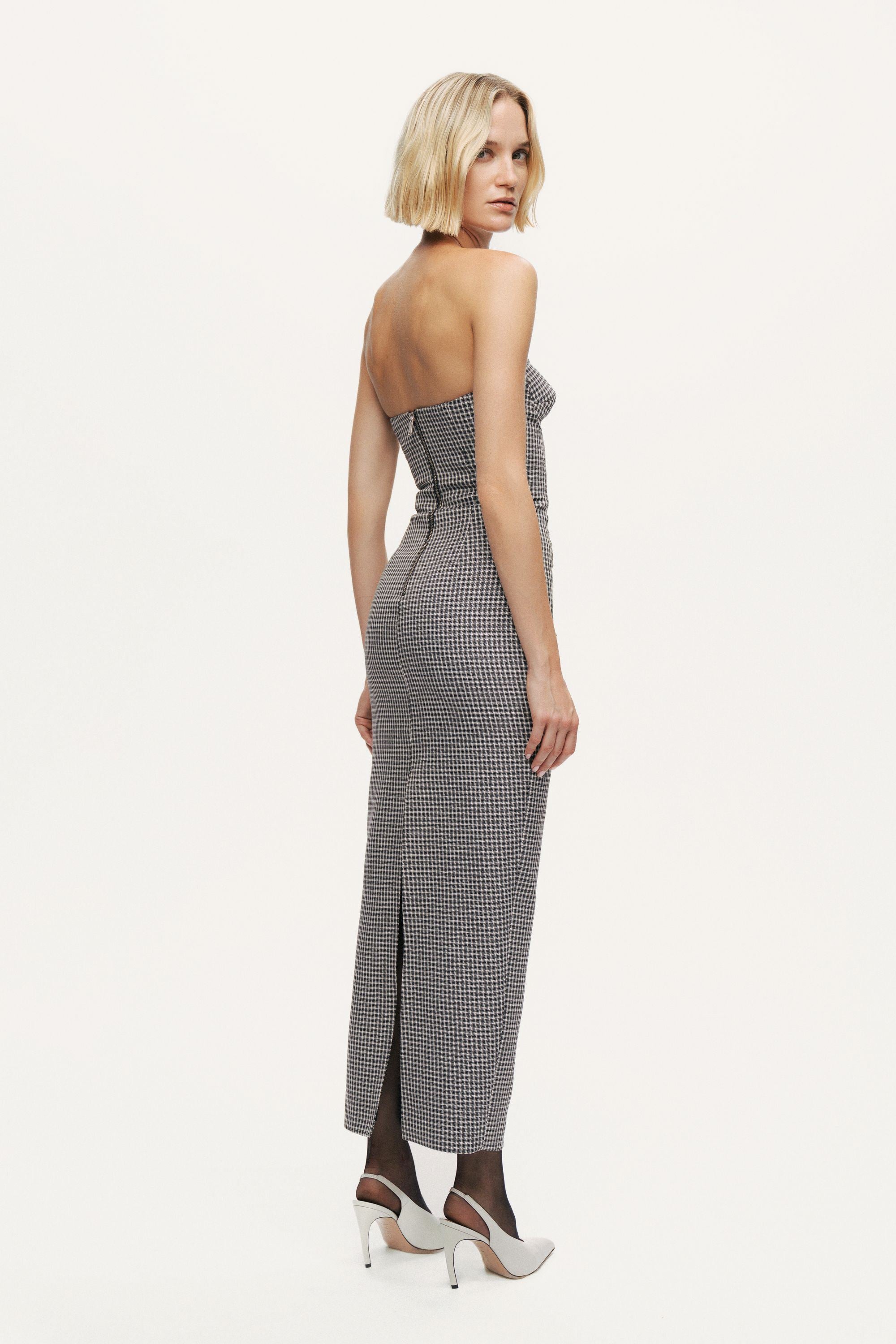 Sweetheart Neckline Strapless Checked Midi Dress