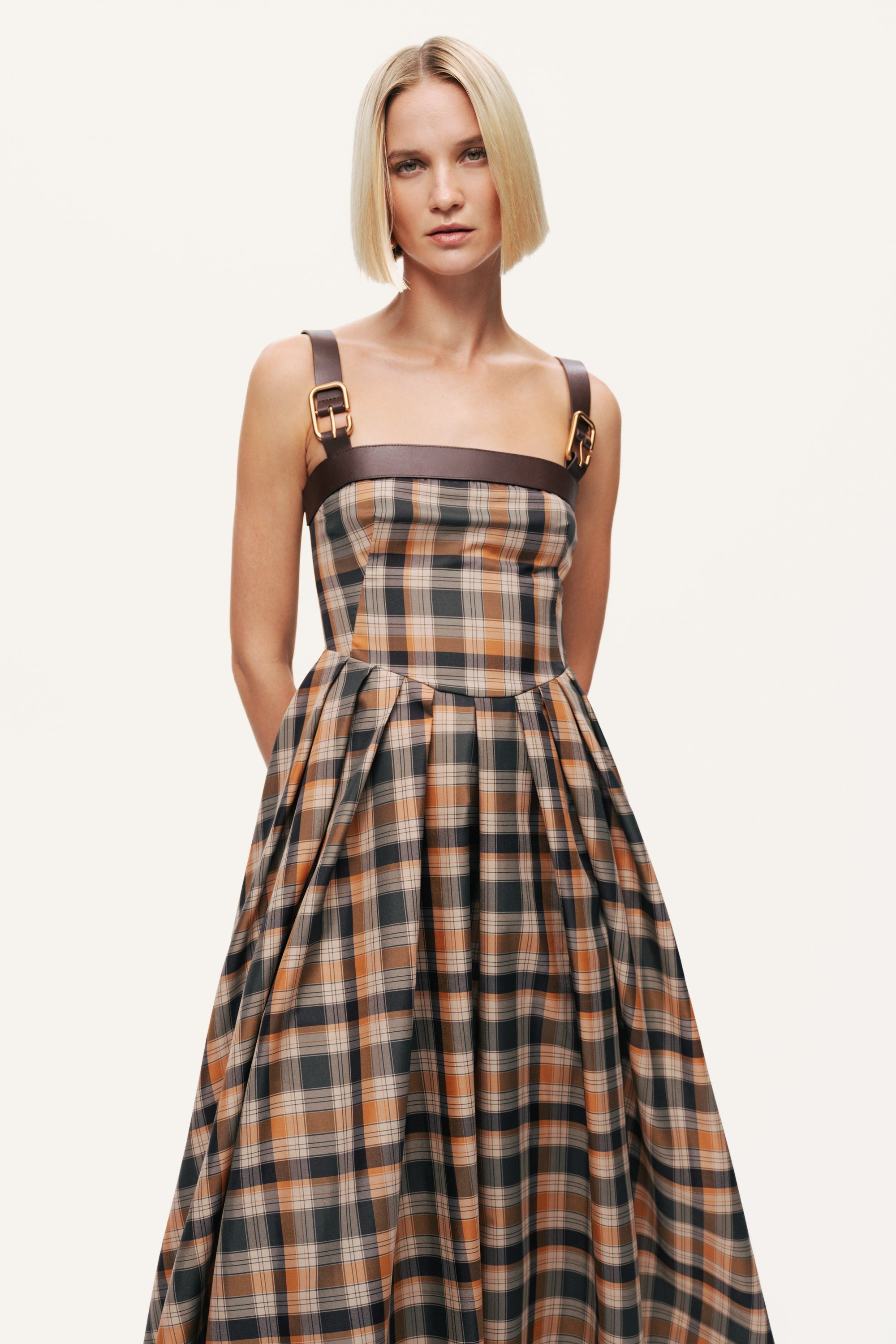 Plaid Pleated Maxi Dress with Faux Leather Belt