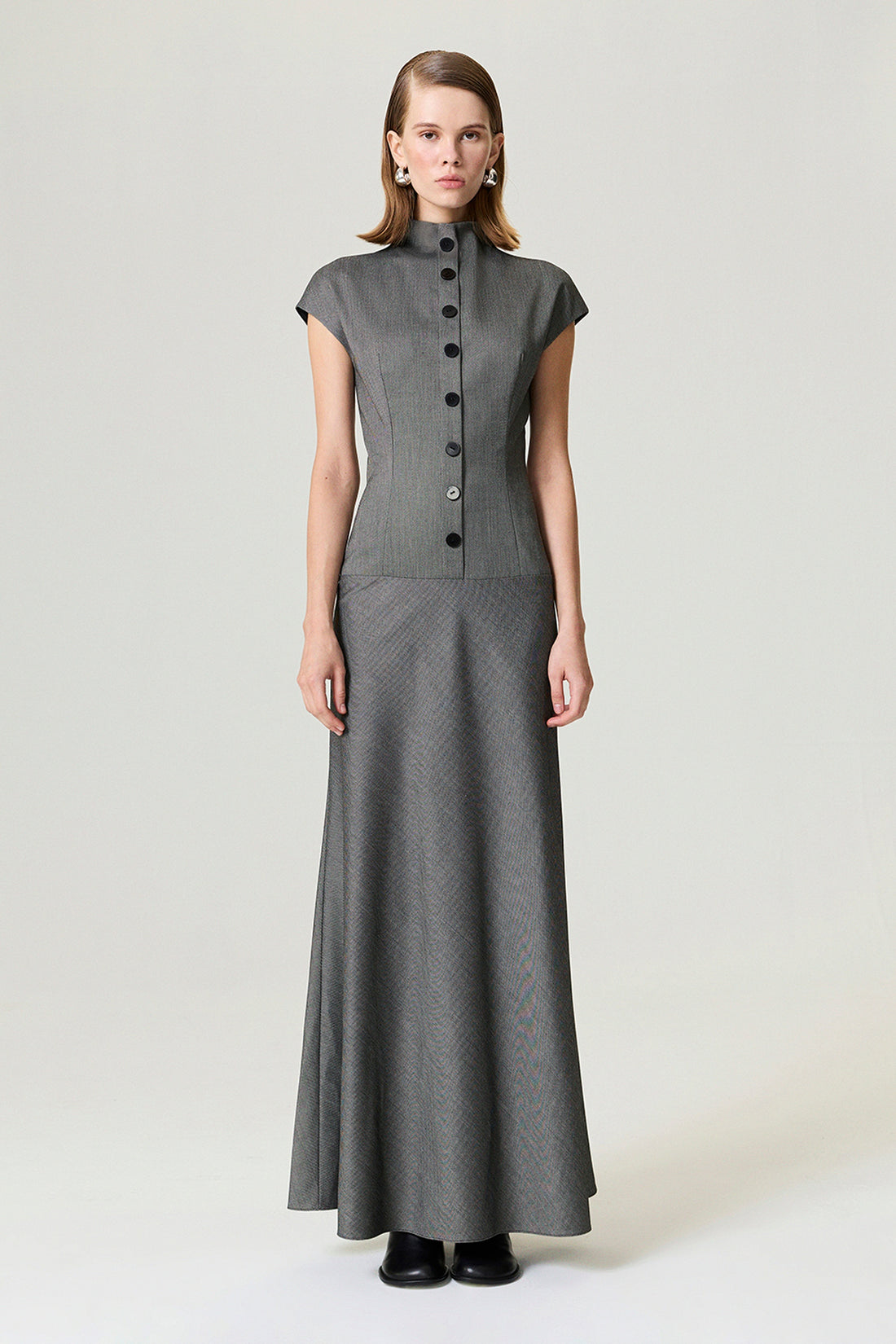 Button Accent High Neck Maxi Dress