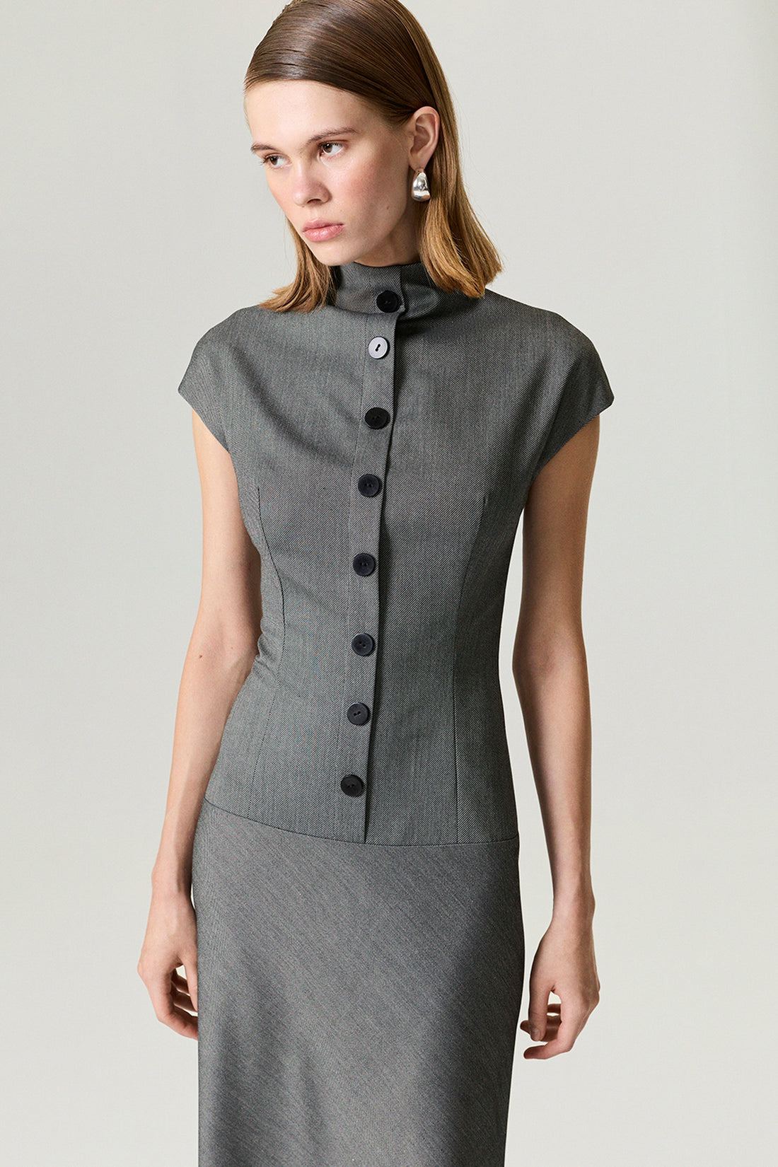 Button Accent High Neck Maxi Dress