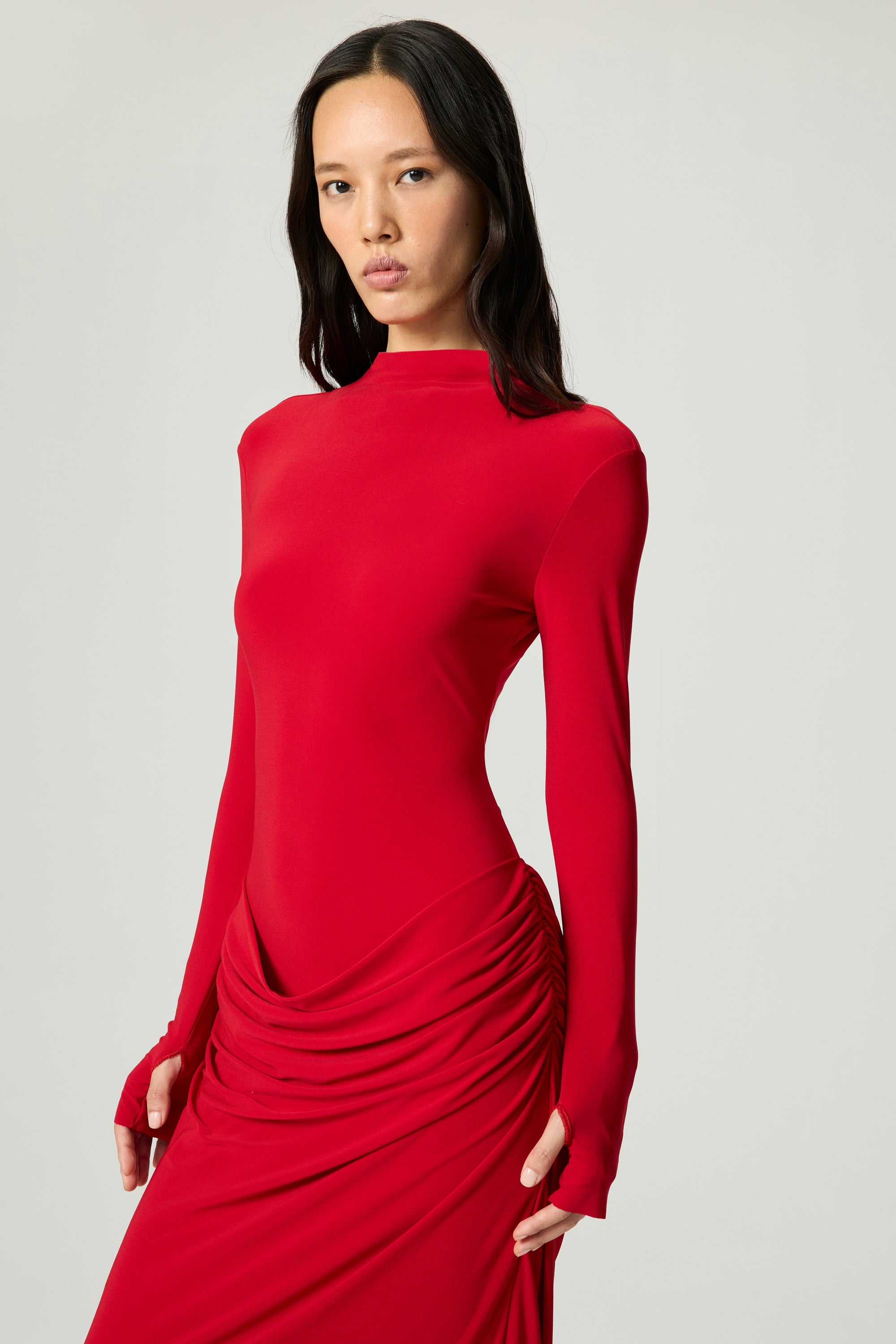 Red High-Neck Ruched Maxi Dress