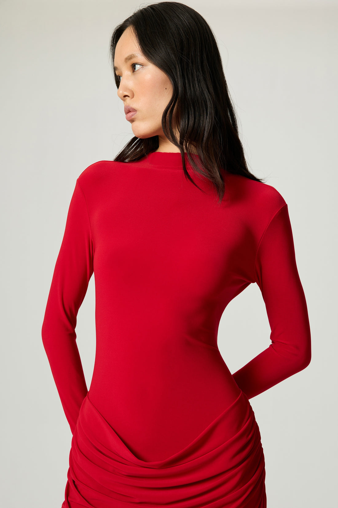 Red High-Neck Ruched Maxi Dress