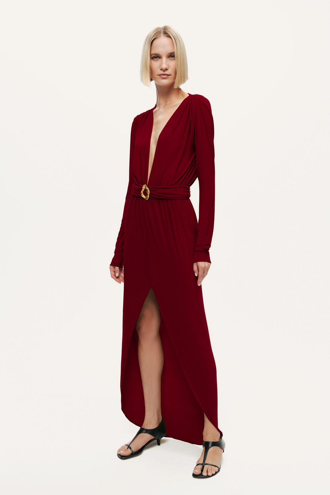 Deep Plunge Belted Jersey Maxi Dress