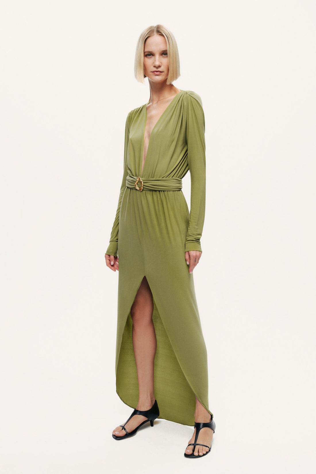 Deep Plunge Belted Jersey Maxi Dress
