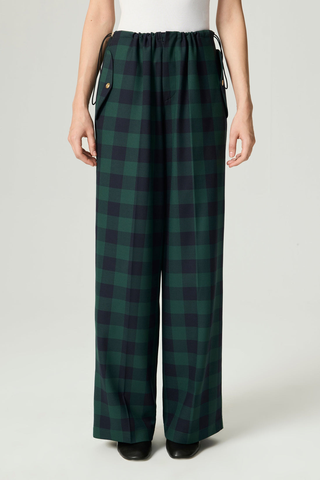 Emerald Check Drawstring Wide-Leg Pants