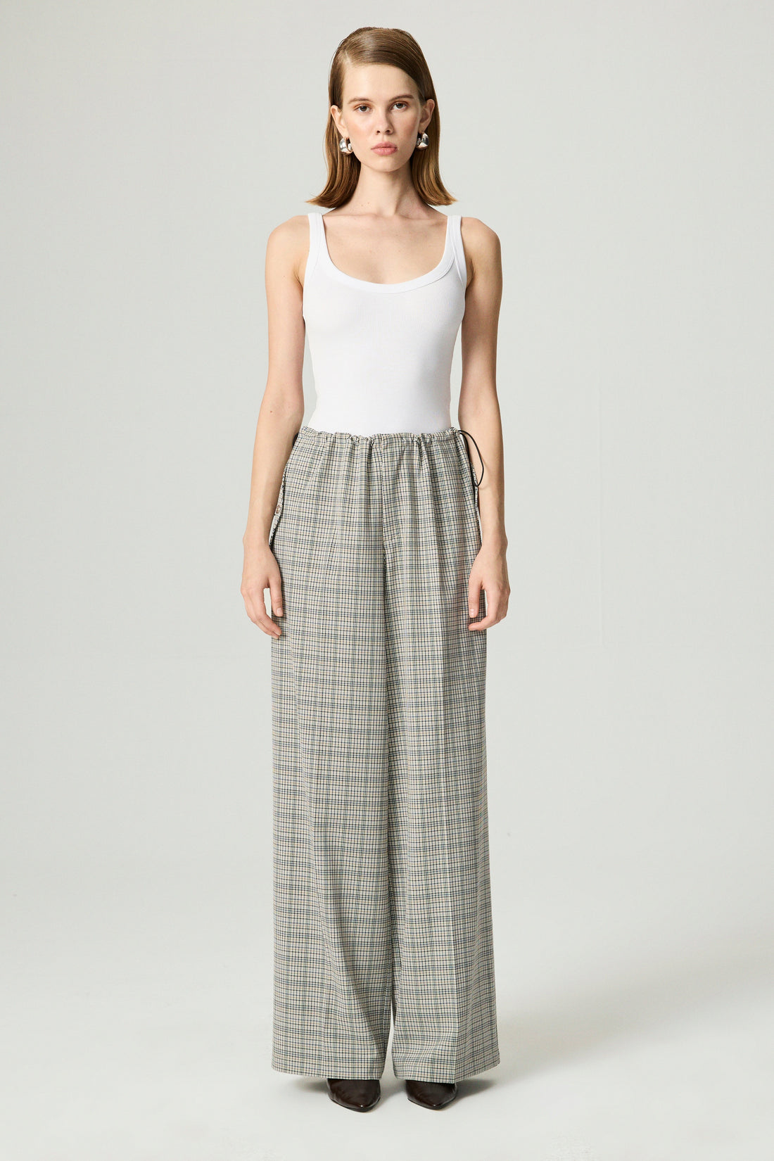 Plaid Wide-Leg Drawstring Pants