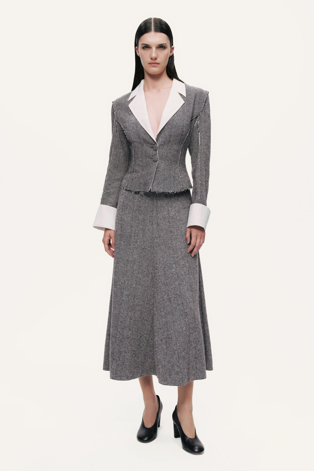 Herringbone Pattern Flared Midi Skirt