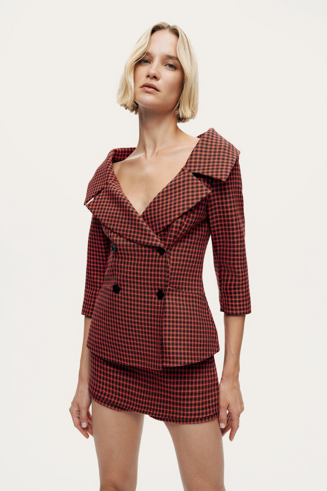 Checked Portrait Collar Double-Breasted Jacket
