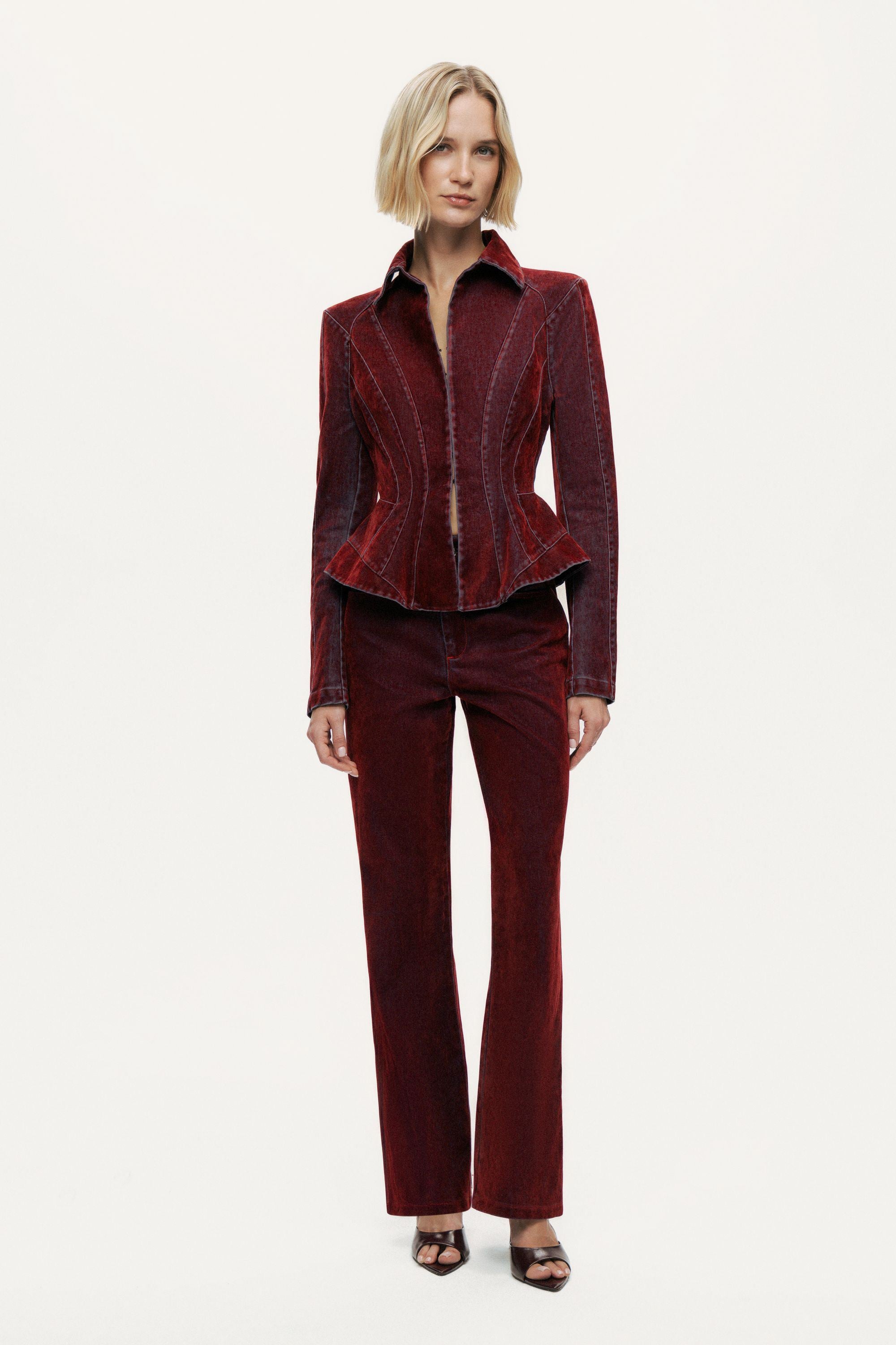 Velvet Corset-Seamed Peplum Jacket