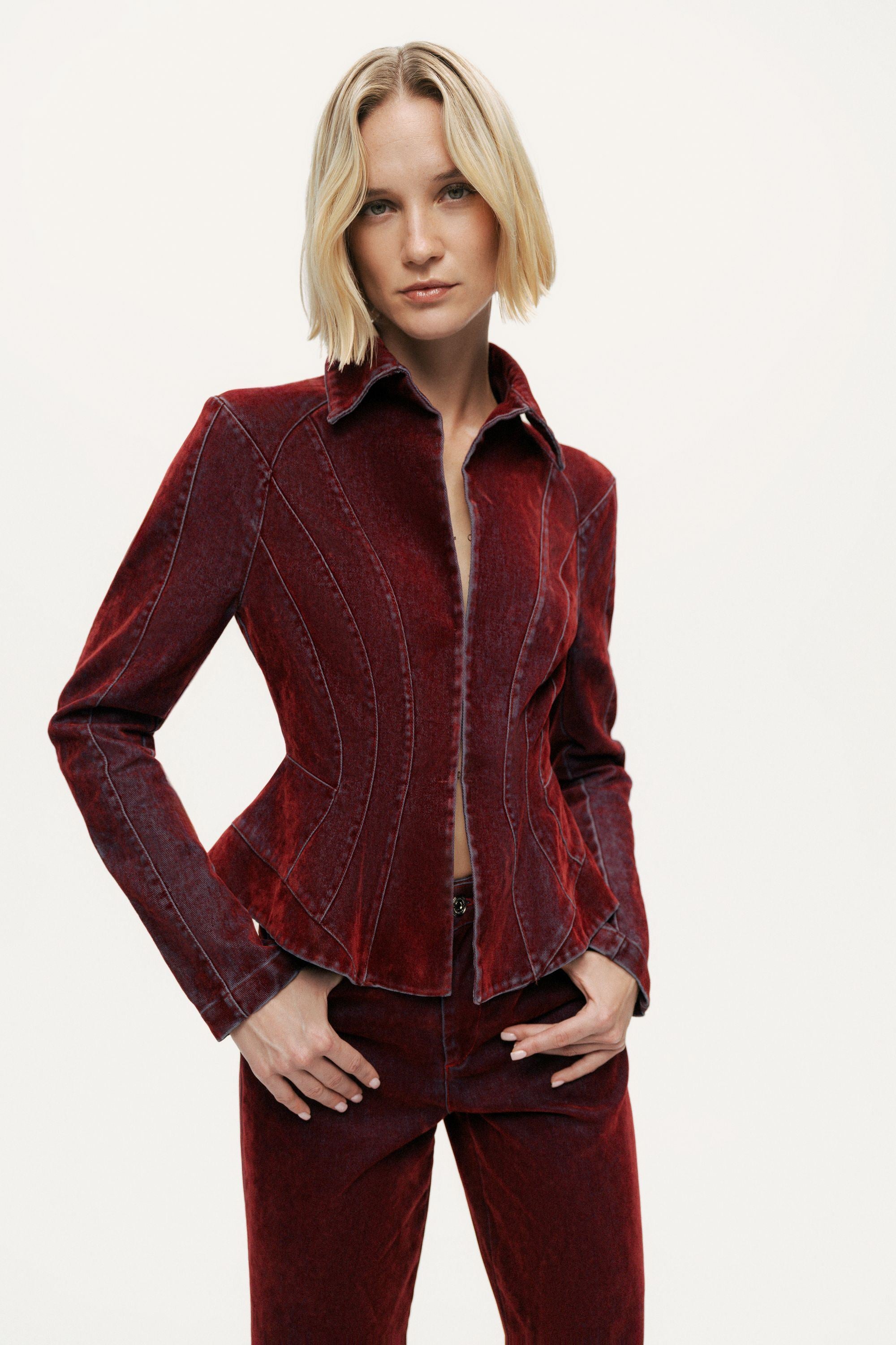 Velvet Corset-Seamed Peplum Jacket