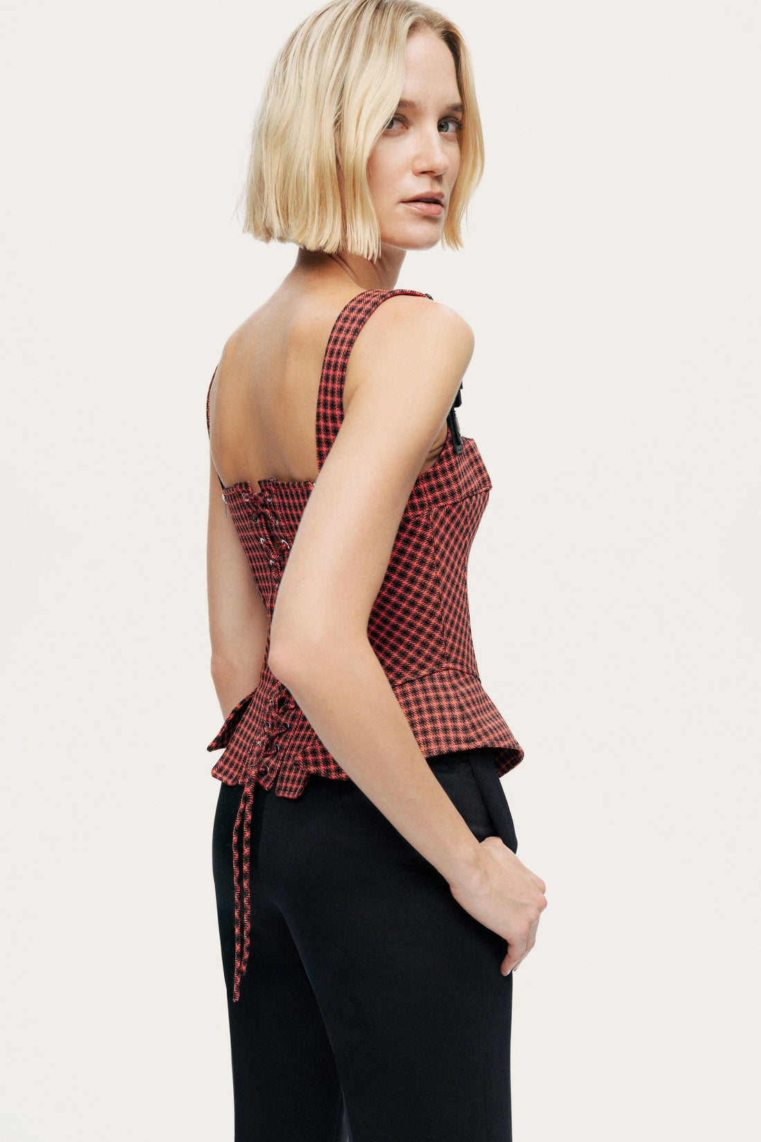 Checked Buckle Strap Corset Top