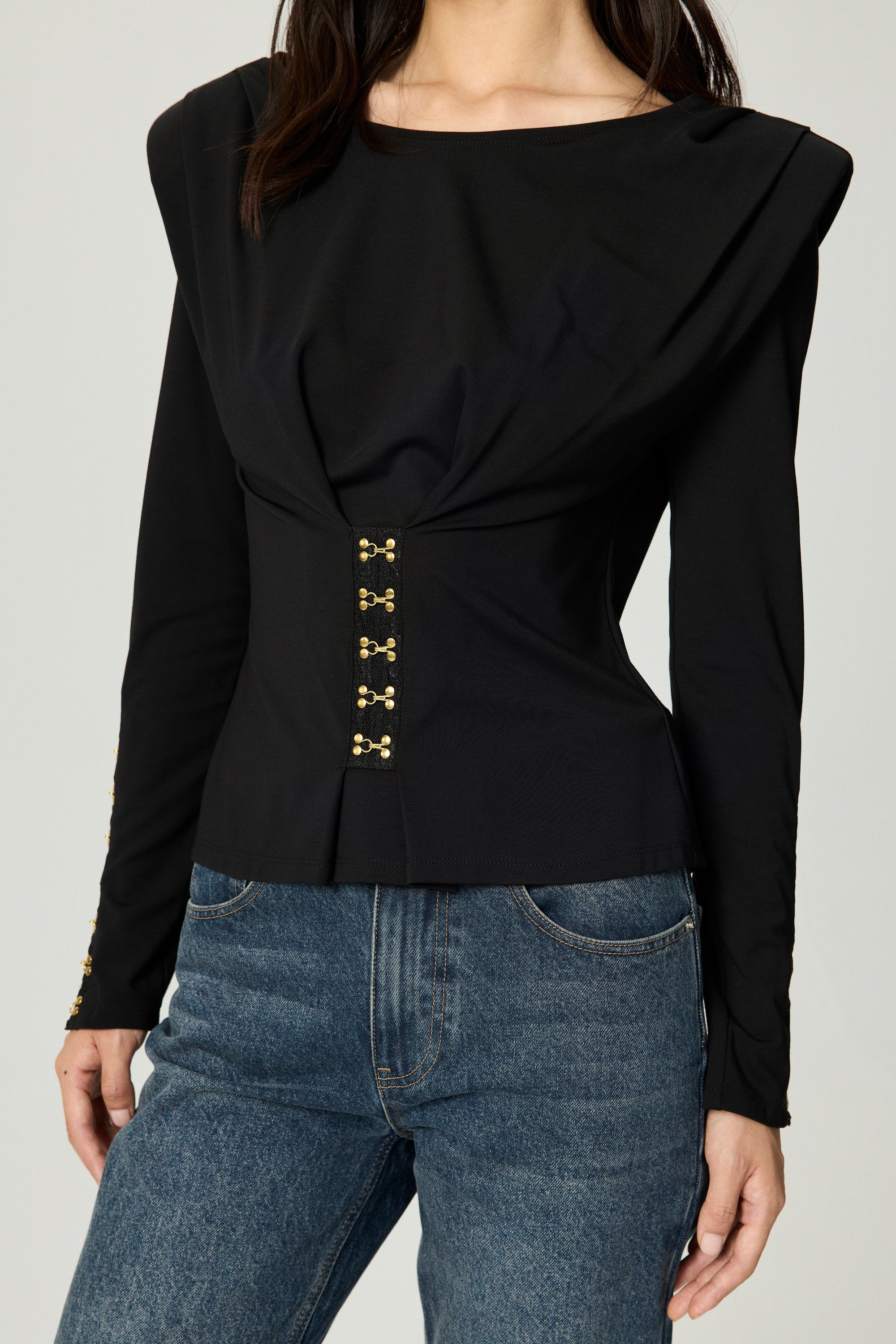 Hook-Detail Pleated Knit Blouse