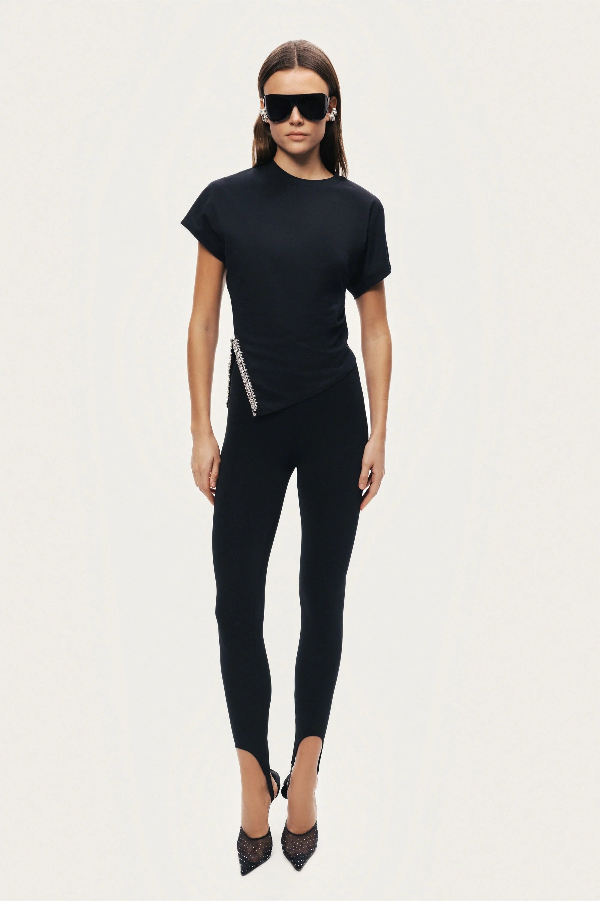 Black Embellished Asymmetric T-Shirt