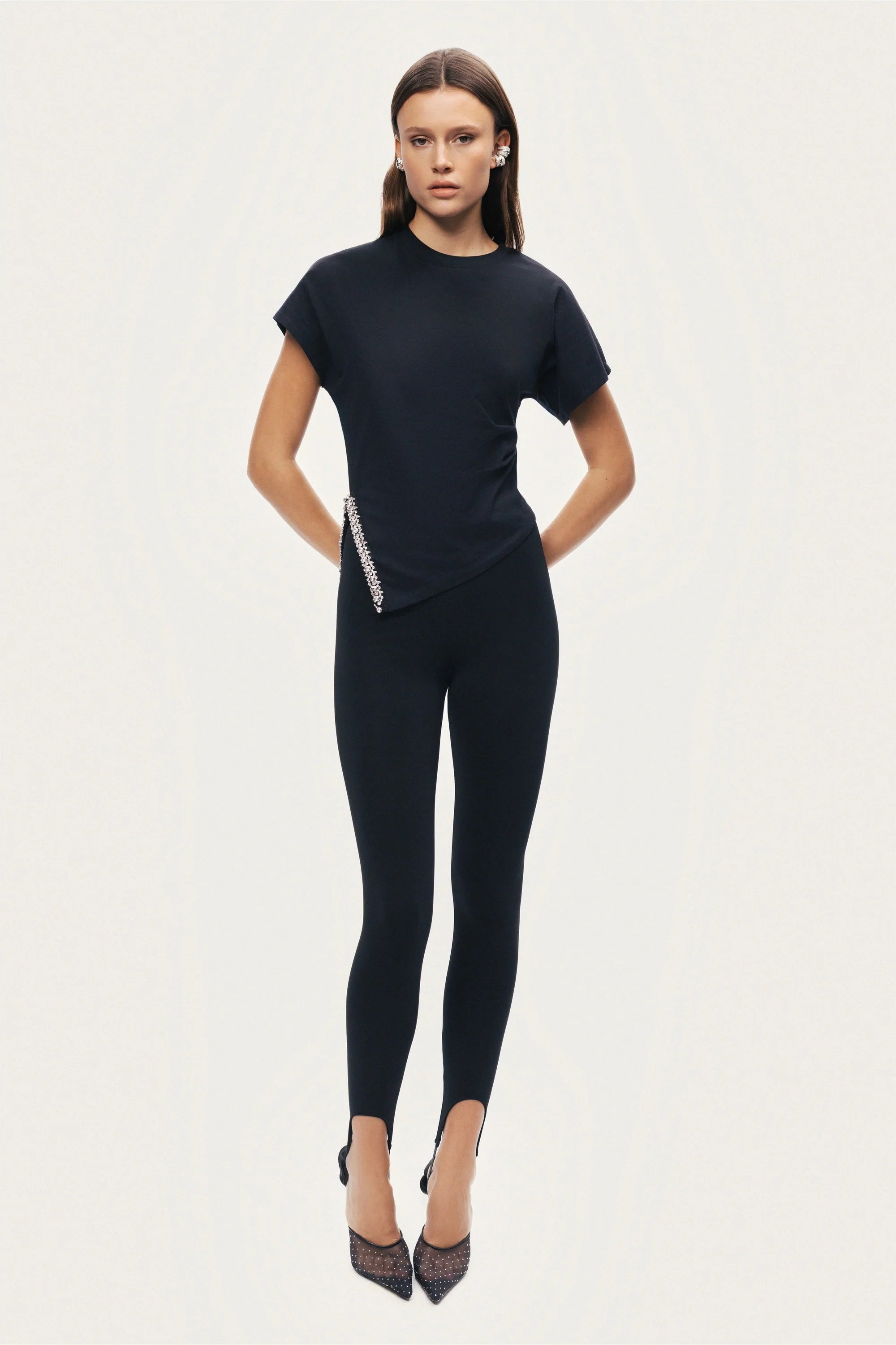 Black Embellished Asymmetric T-Shirt