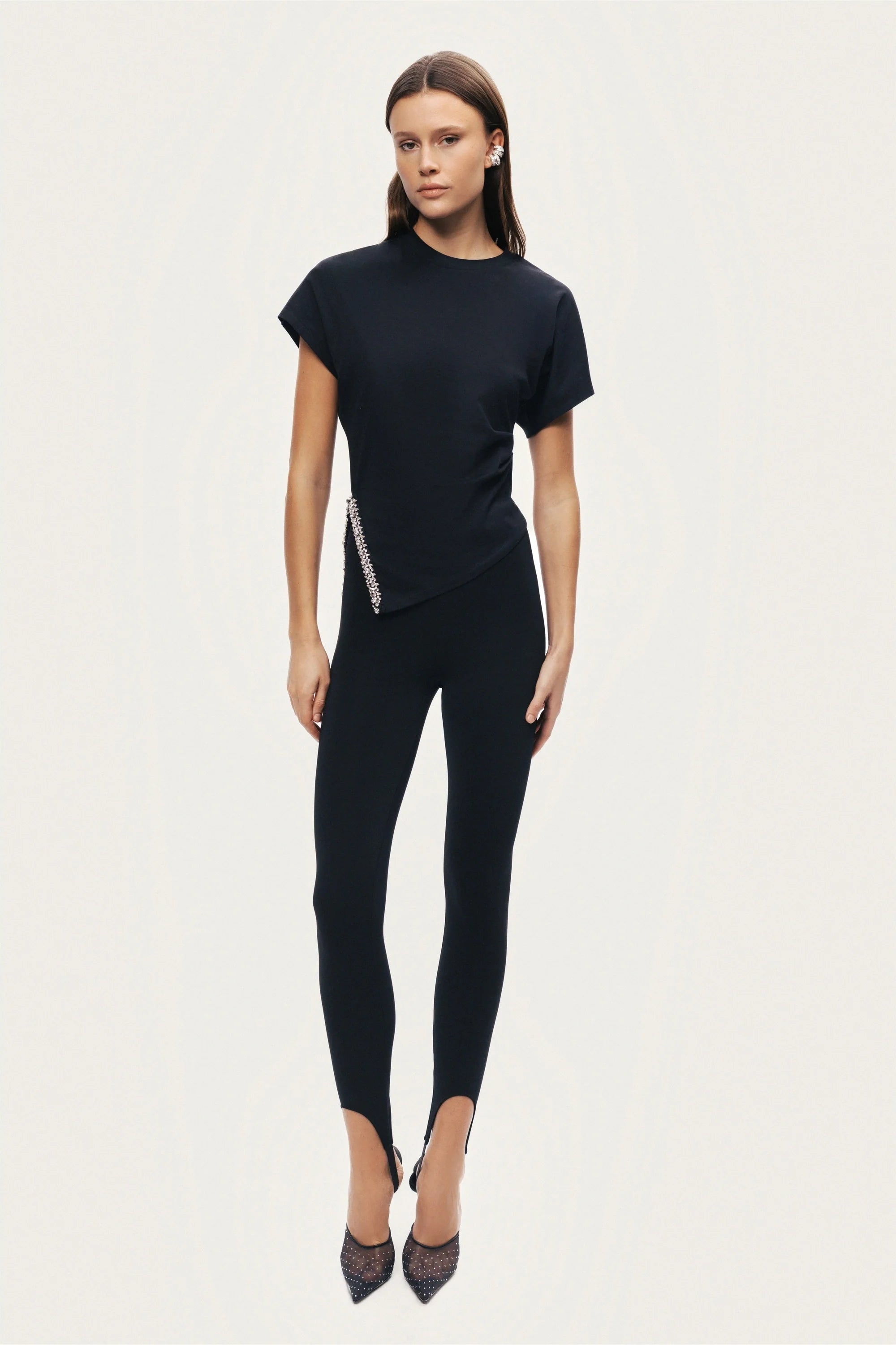 Black Embellished Asymmetric T-Shirt