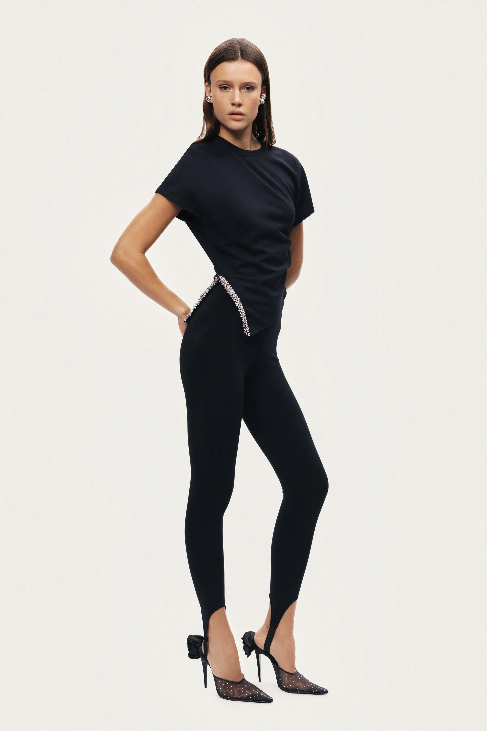 Black Embellished Asymmetric T-Shirt