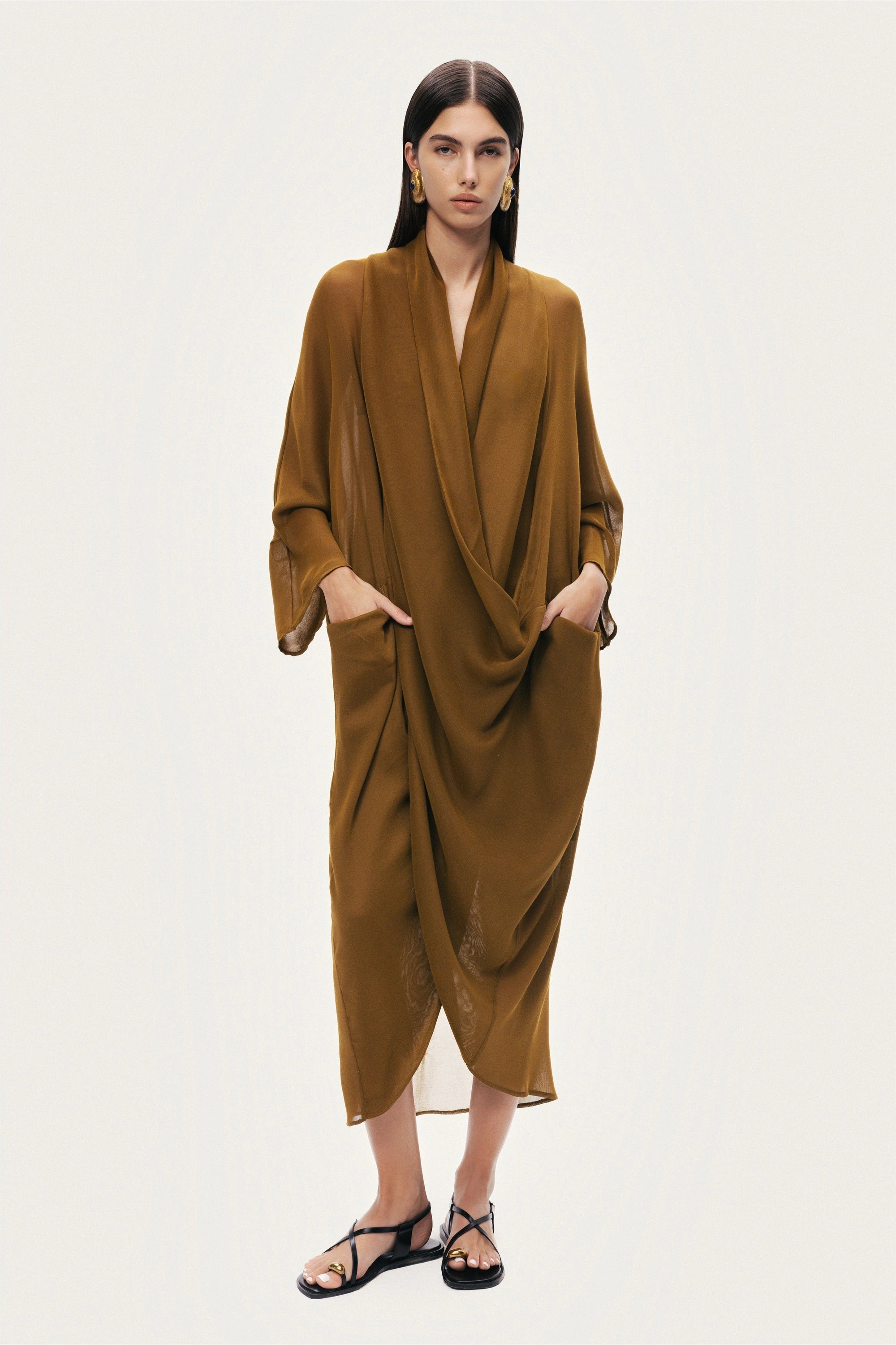 Draped V-Neck Midi Dress