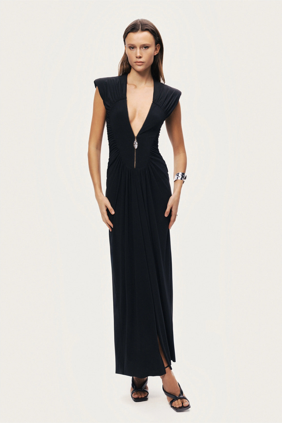 Ruched Deep V-Neck Maxi Dress