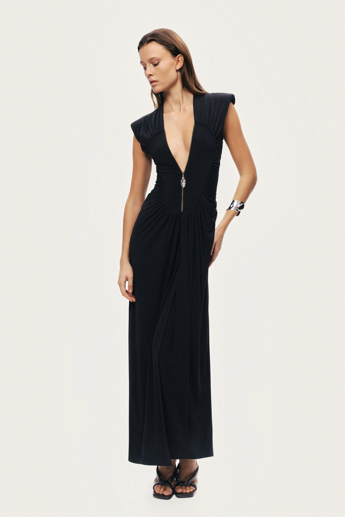 Ruched Deep V-Neck Maxi Dress