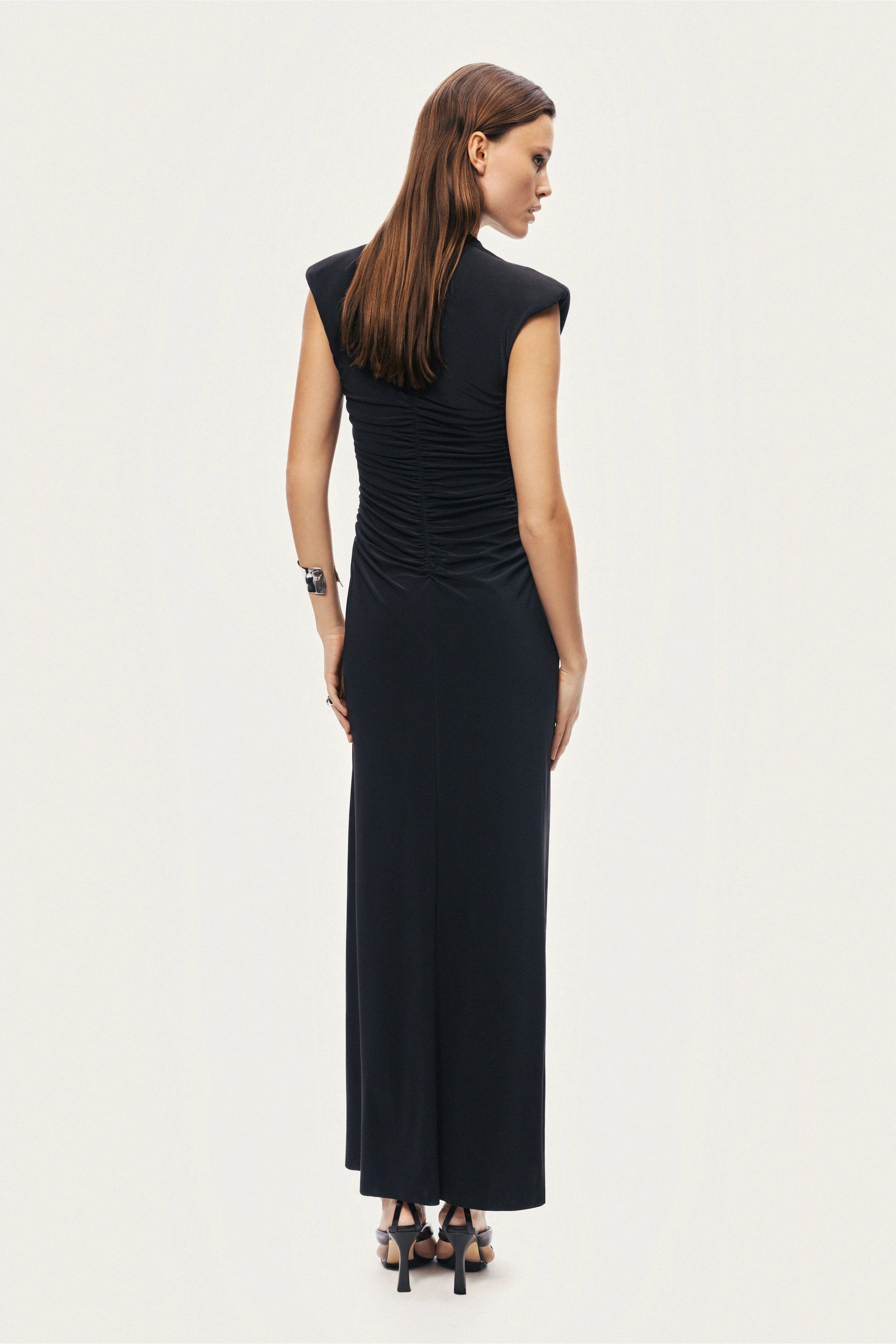 Ruched Deep V-Neck Maxi Dress